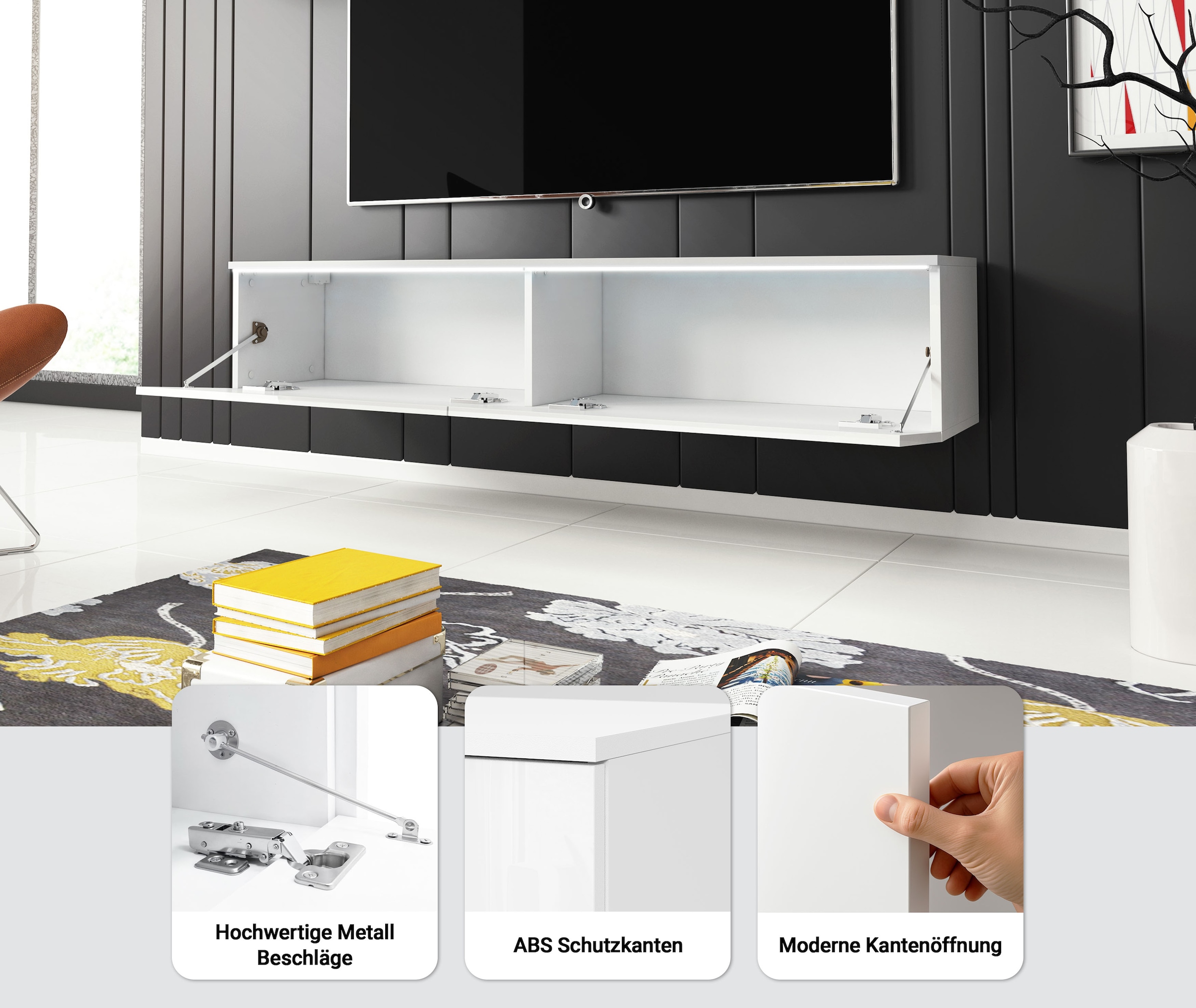 Home affaire Table basse »LOWBOARD D, wahlweise mit oder ohne Beleuchtung« meuble TV moderne sans poignées, avec beaucoup de rangement, debout et suspendu