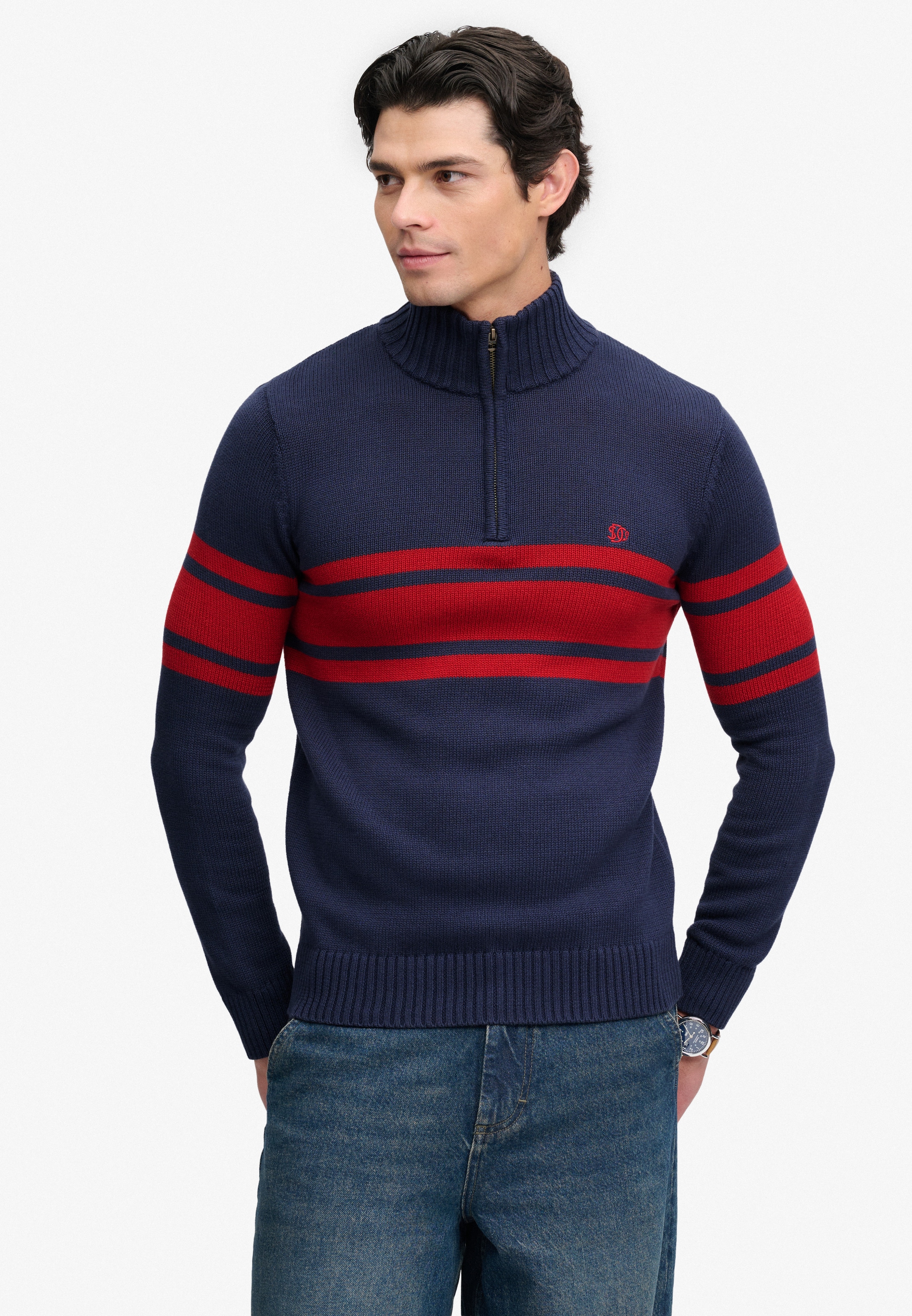 Image of Superdry Strickpullover "COTTON STRIPE HALF ZIP KNIT" Baumwolle, slim fit