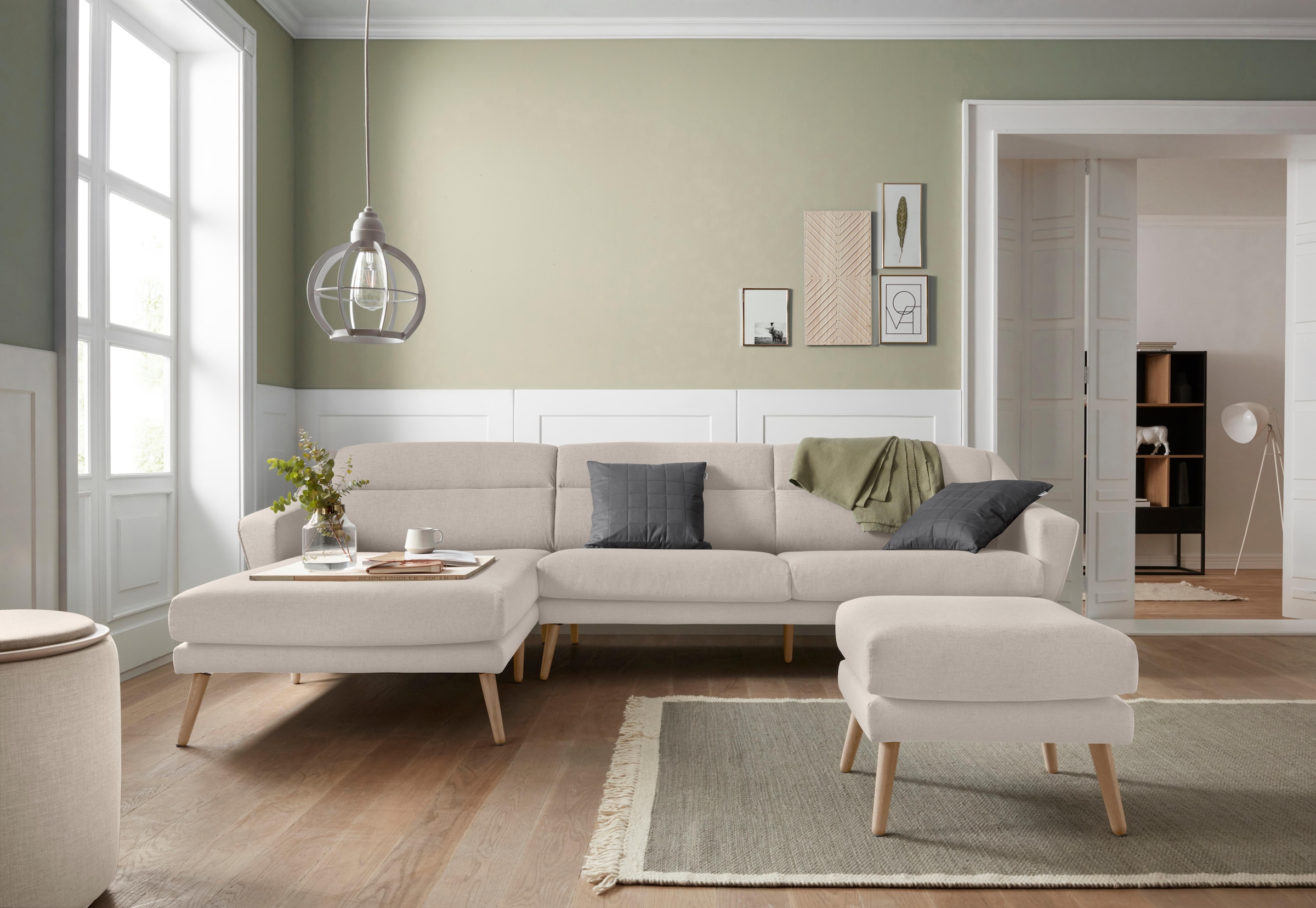 GOODproduct Canapé d'angle »Bille L-Form« mit Naht im Rückenkissen und Beinen aus Eichenholz