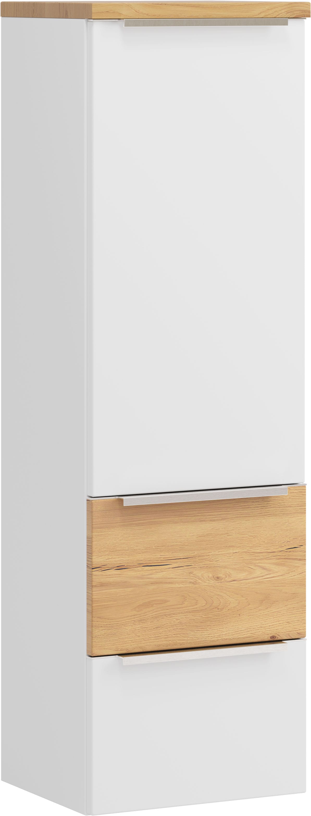 Image of welltime Midischrank "TRIENT, Midischrank 40 cm, Softclose-Auszüge und gedämpfte Scharniere" Masse (B/H/T): ca. 40/130/35 cm, matt weiss/Wildeiche, Softclose-Metallauszüge