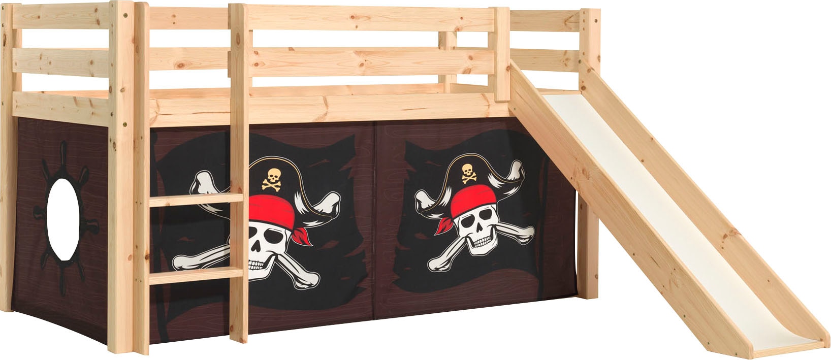Vipack Lit de jeu »Pino, Kiefer massiv, mit Rolllattenrost u. Textil-Set, Made in Europe« L/H/P env. 210x114x218 cm, avec protection anti-chute, échelle et toboggan,  différents designs textiles et couleurs de bois au choix