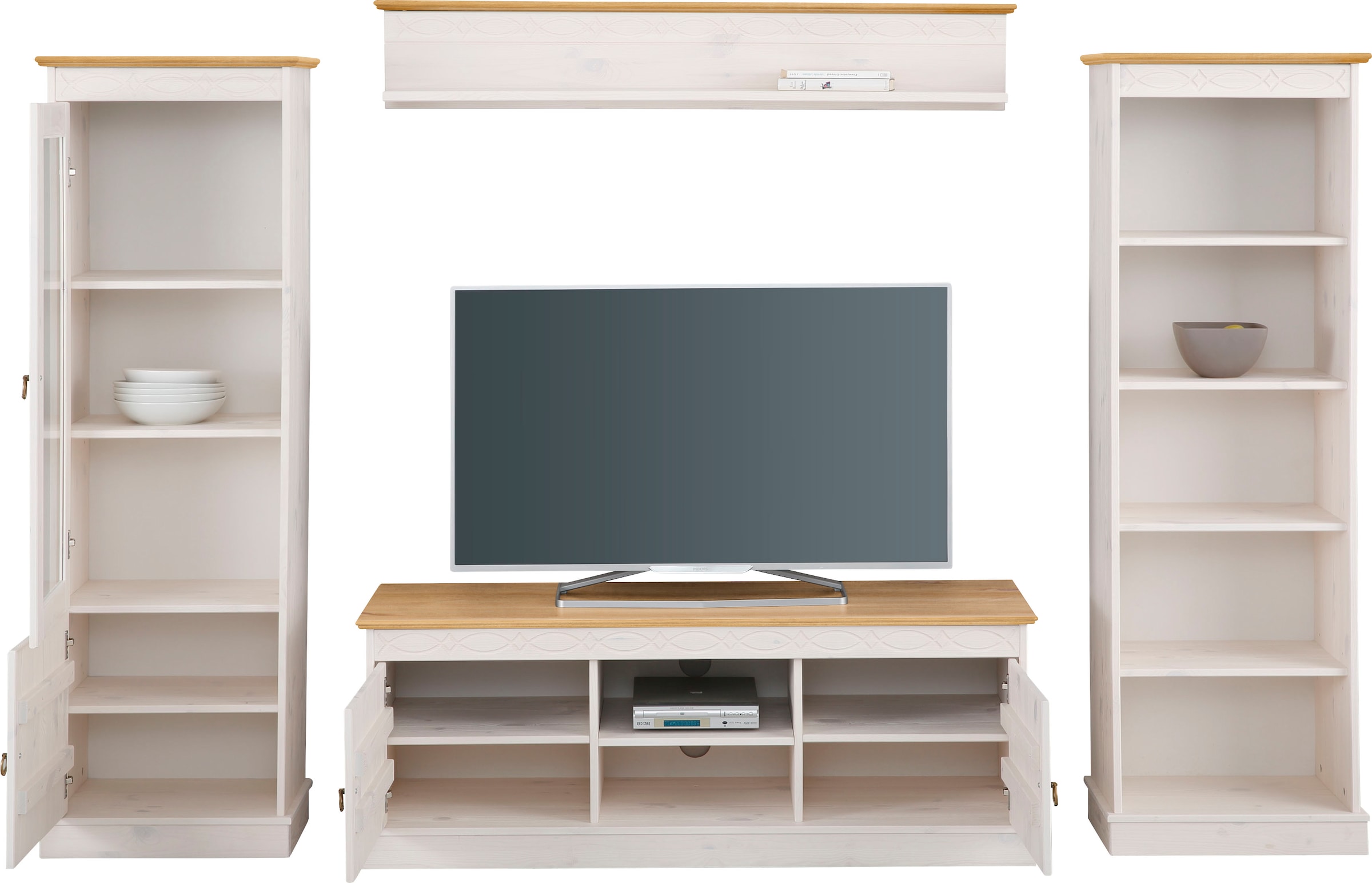 Home affaire Wohnwand »Indra«, (Set, 4 St.), 4-teiliges Set: Vitrine, Lowboard, Wand- & Standregal, Kiefer massiv