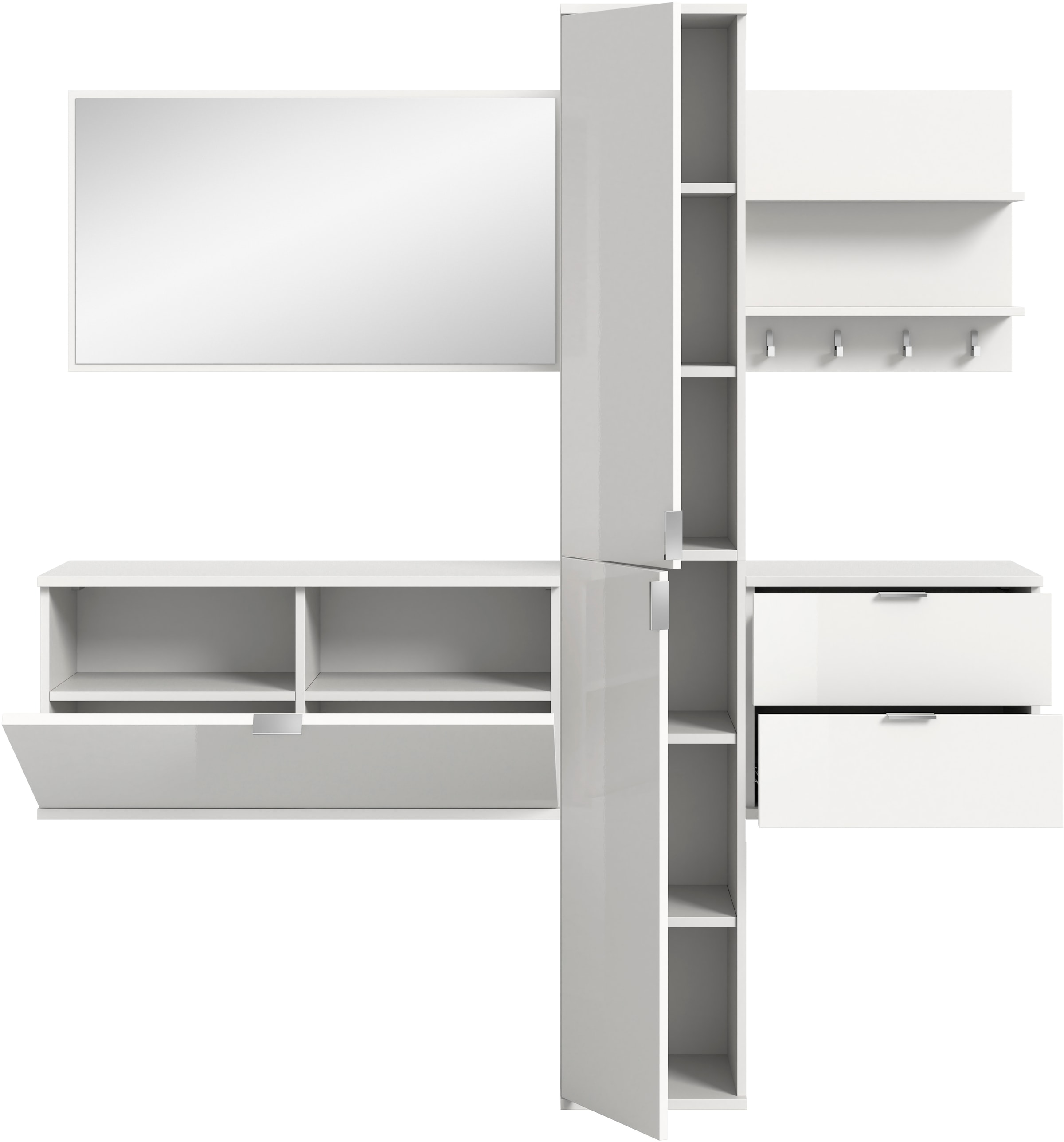 INOSIGN Garderoben-Set »Trondheim Garderobenset 5-tlg., Breite 174 cm«, (5 St.), hochglanz, best. aus: Spiegel, Paneel, Schrank, Kommoden, Flur, Diele