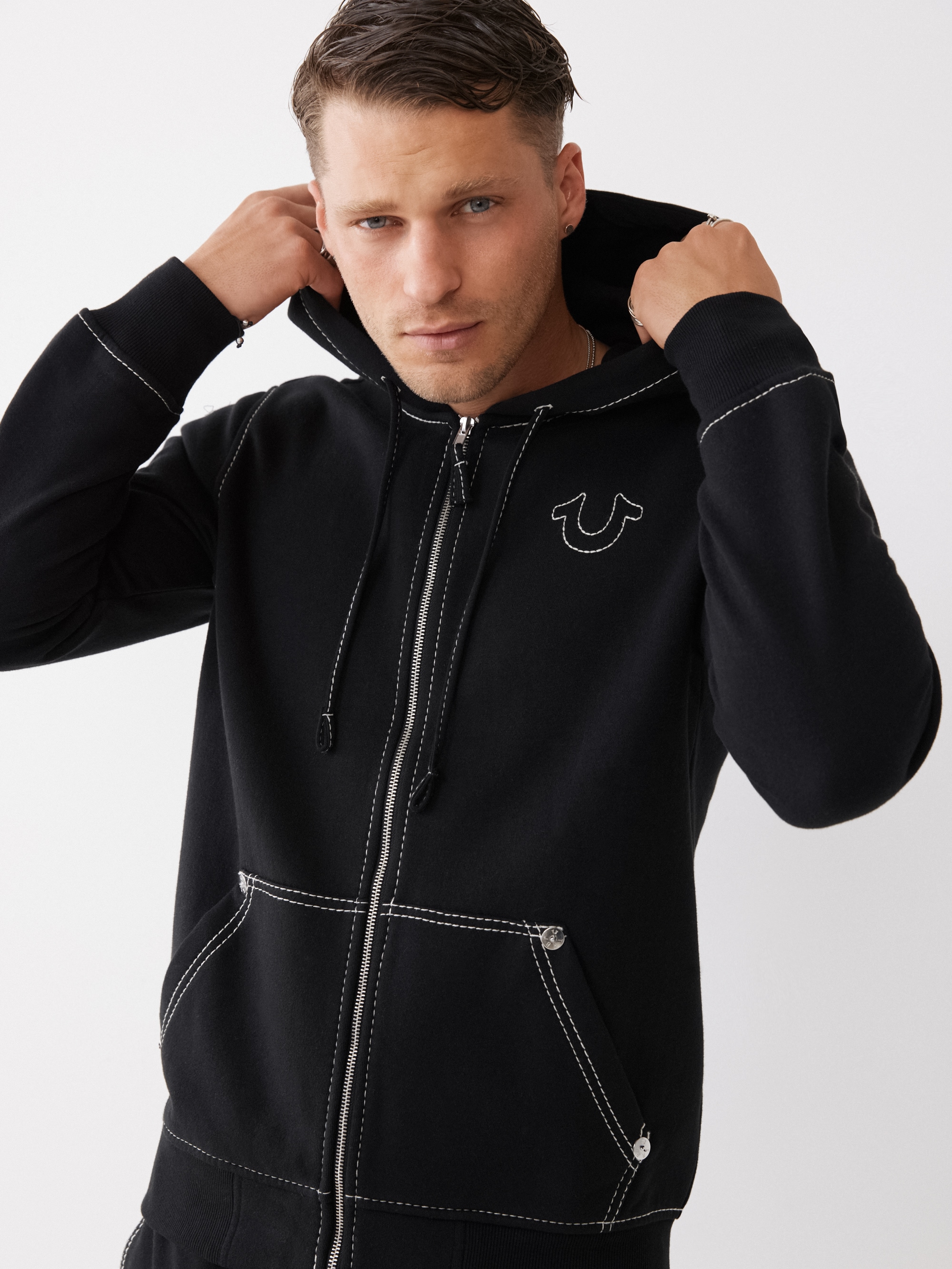 True Religion Kapuzensweatjacke »BIG T ZIP THRU HOODIE JET BLACK« Baumwollmischung