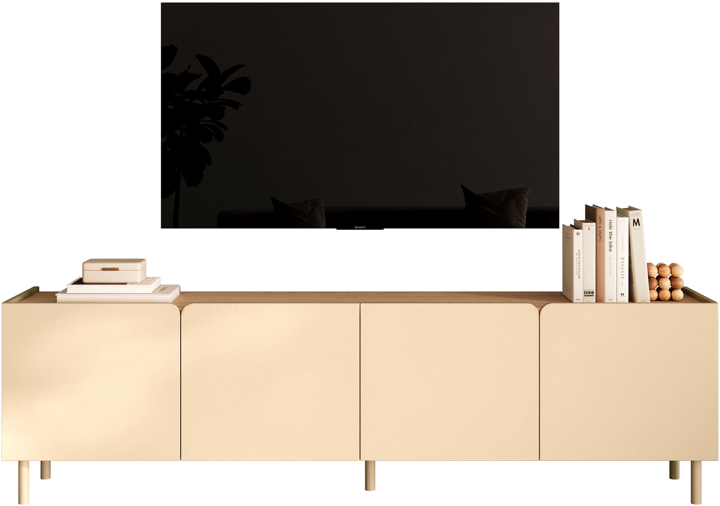 GOODproduct Table basse »Dobbiaco, 202 cm breit, 4 Türen, Mediaboard, TV-Schrank« Top intégré, pieds en métal droits, porte avec arrondi