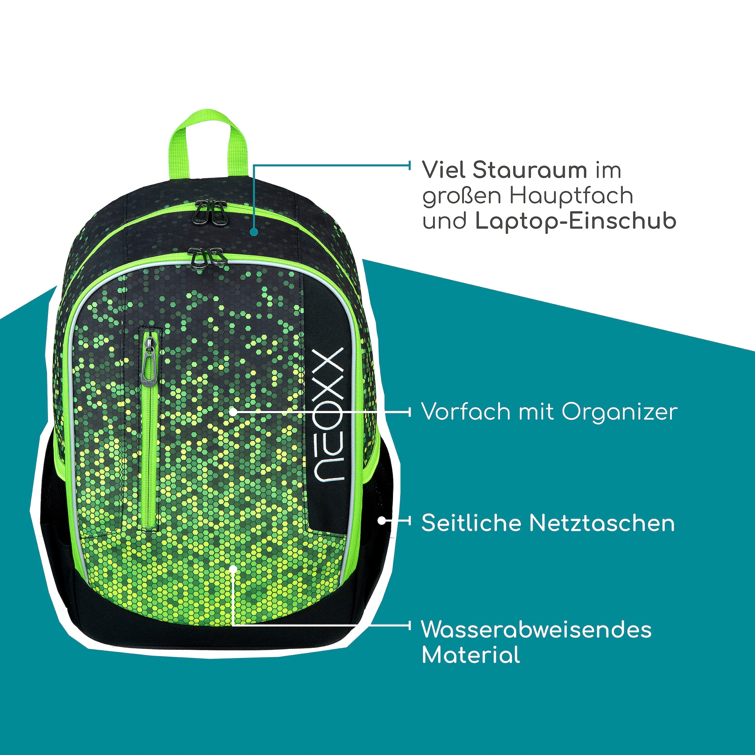 neoxx Schulrucksack »Flow, Pixel in my mind«, teilweise aus recyceltem Material