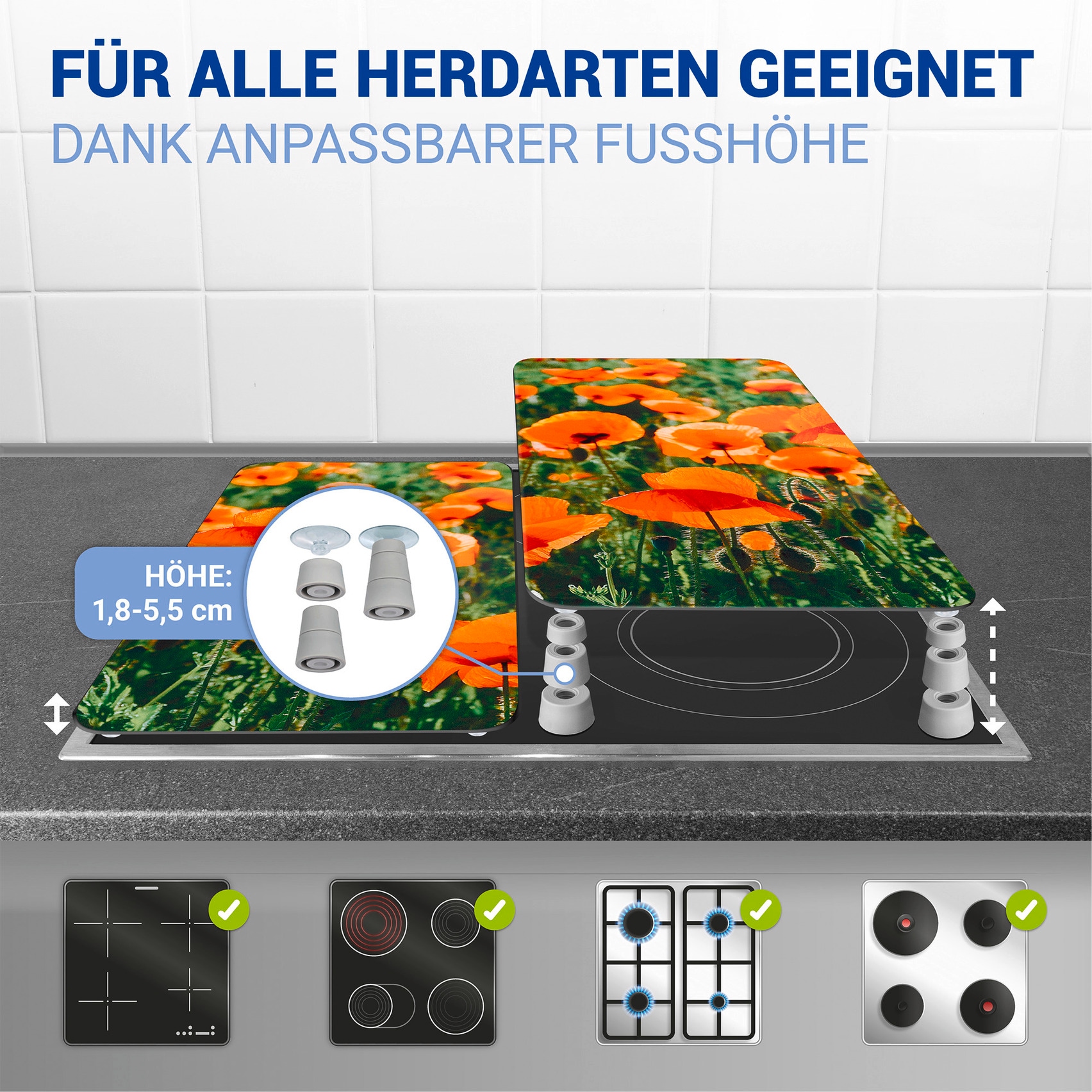 WENKO Herd-Abdeckplatte »Universal Modell Mohnfeld«, (Set, 2 tlg.), Herdabdeckung für alle Herdarten, kratzfest, mit rutschfesten Füssen