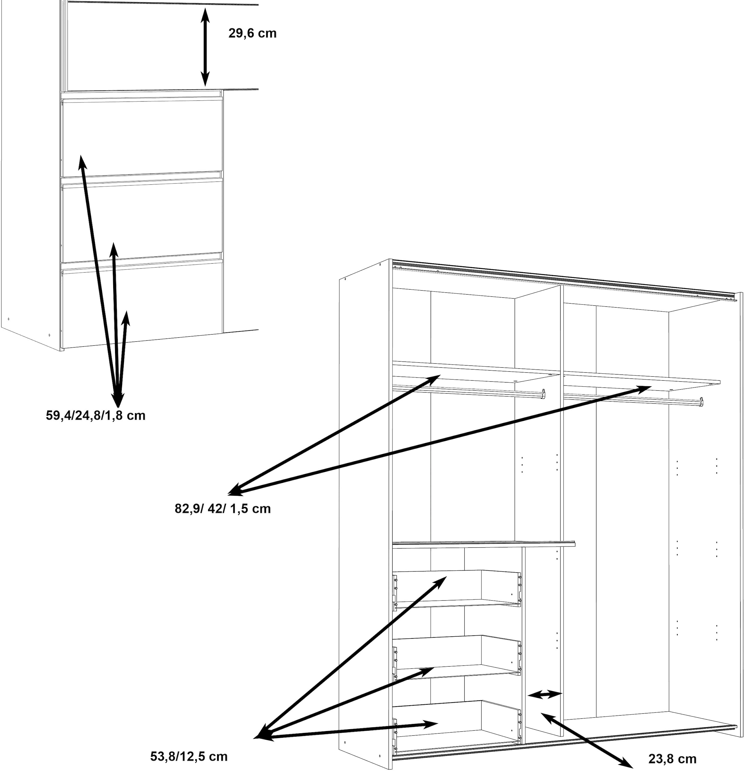 FORTE Schwebetürenschrank »Winn, Schiebetürenschrank mit 3 Schubladen, Made in Europe« In 2 Grössen erhältlich - B/H/T ca. 170x200,5x61cm und 200x200,5x61cm,  verschiedene Grössen und Farben, sehr viel Stauraum