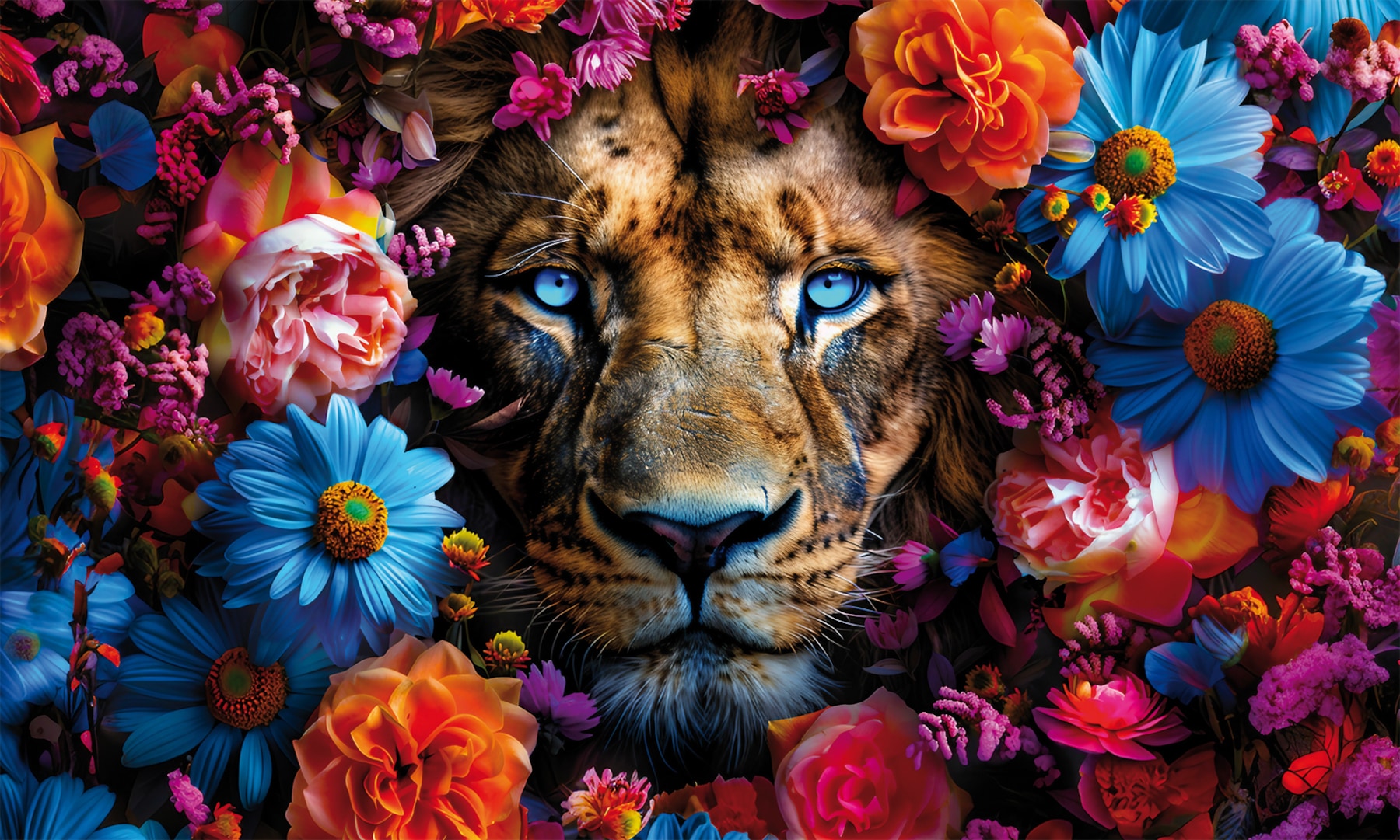 Image of Bönninghoff Leinwandbild "Wandbild LÖWE MIT BLUMEN XXL 90x150 cm – Leinwandbild Keilrahmen Deko" Blumen Raubkatzen Tiger 1 Stk. tlg. auf Keilrahmen gespannt