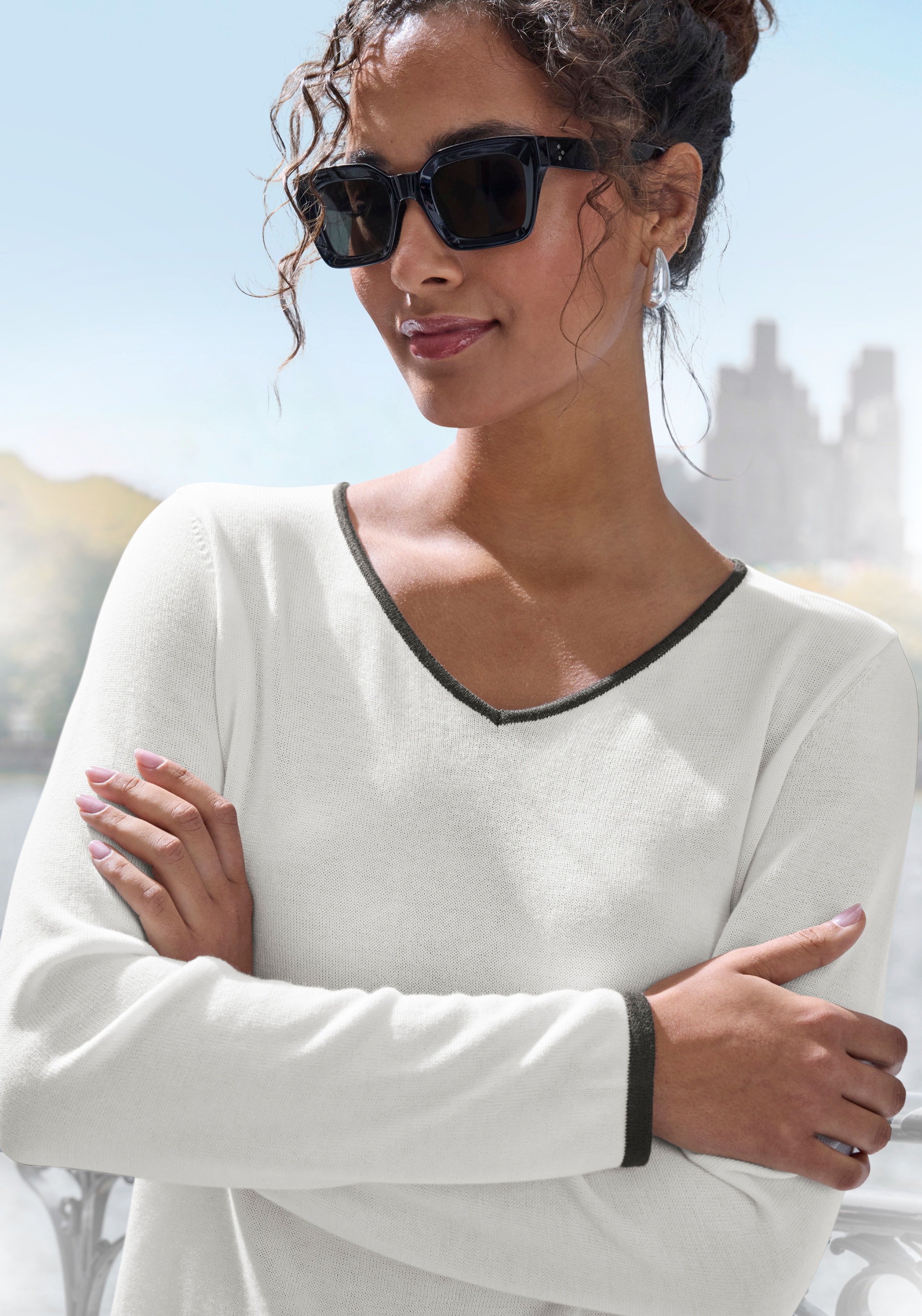 Vivance V-Ausschnitt-Pullover mit Kontrastkanten, casual