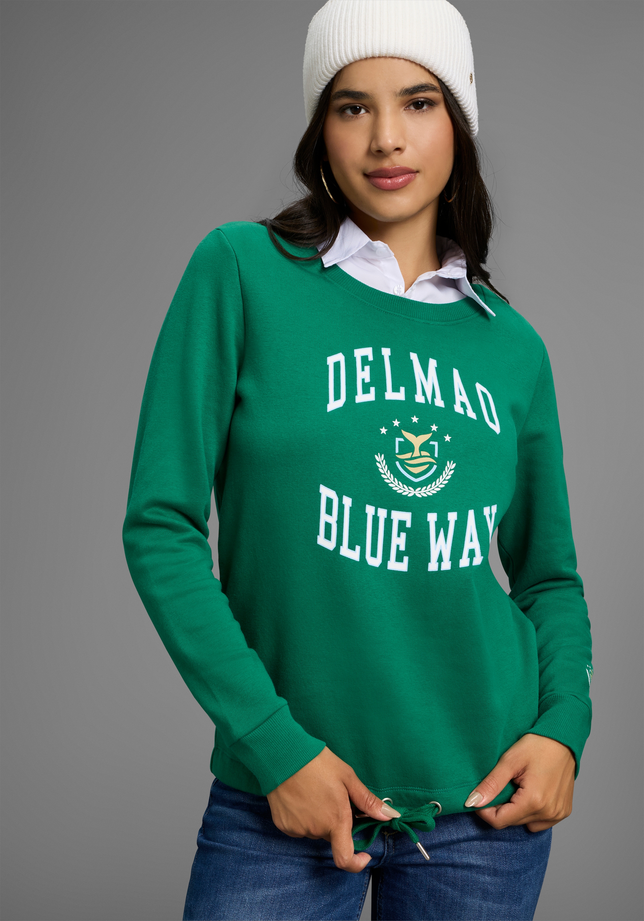 Image of DELMAO Sweatshirt, Weiche Baumwollmischung mit Print und Kordelzug am Saum