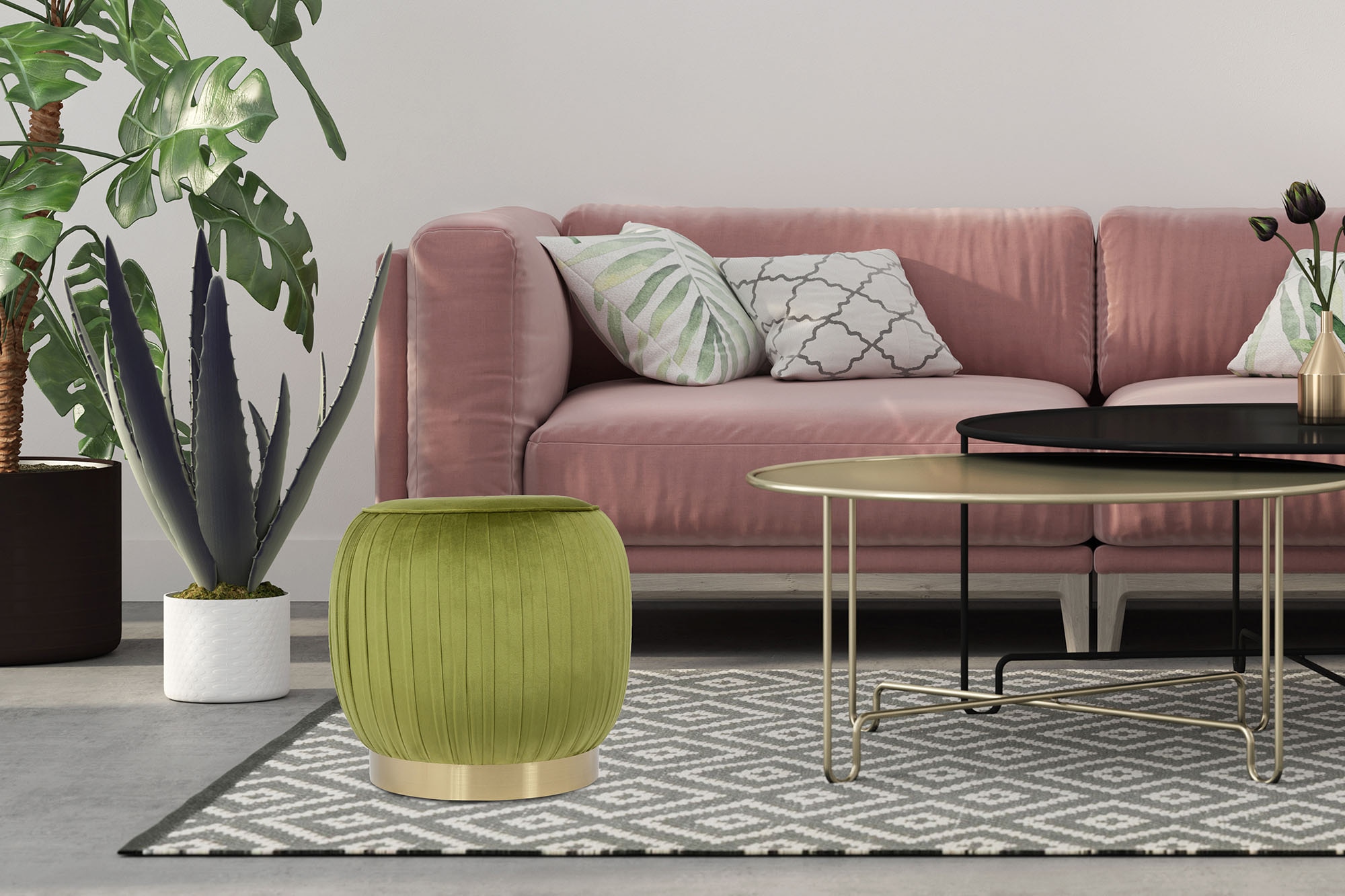 Kayoom Polsterhocker »Hocker Lyla 125, Edler Touch durch goldfarbenenen Sockel, Samtbezug«, (1 St.), samtweich, gesteppte Ziernaht, Edelstahlsockel, Hochwertiger Samtbezug