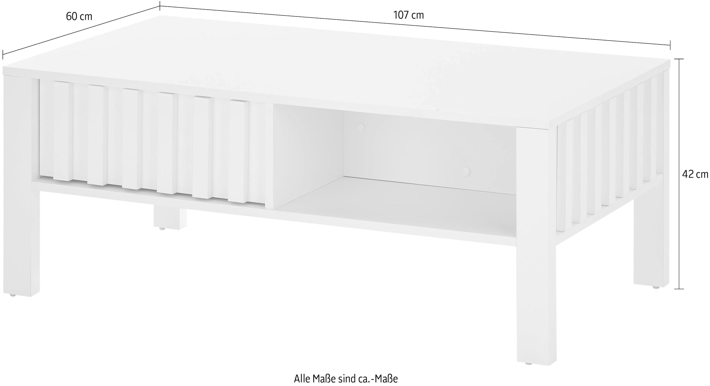 Stolkom Couchtisch »Mao weiss matt, Wohnzimmertisch, BxHxT 108x42,5x60 cm«, Lamellen Optik, 1 Schublade und 1 offenes Fach