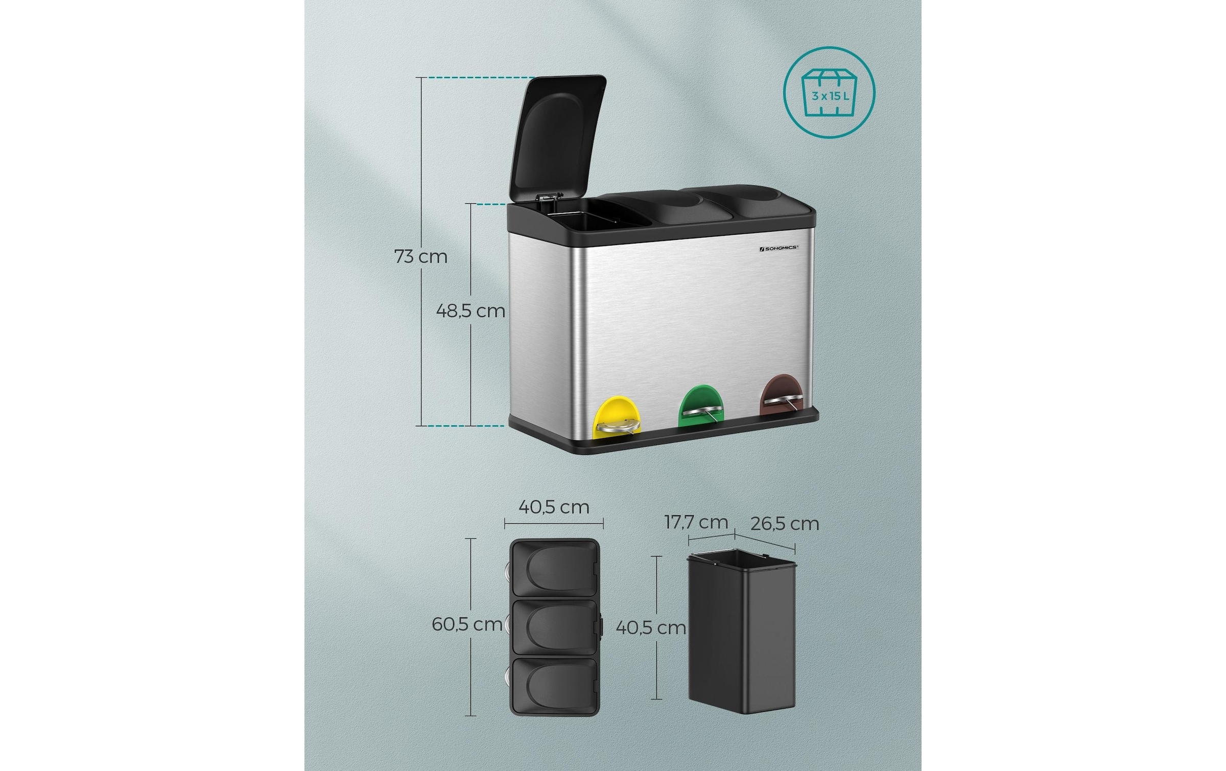 SONGMICS Mülleimer »3 x 15 l«, 2 Behälter