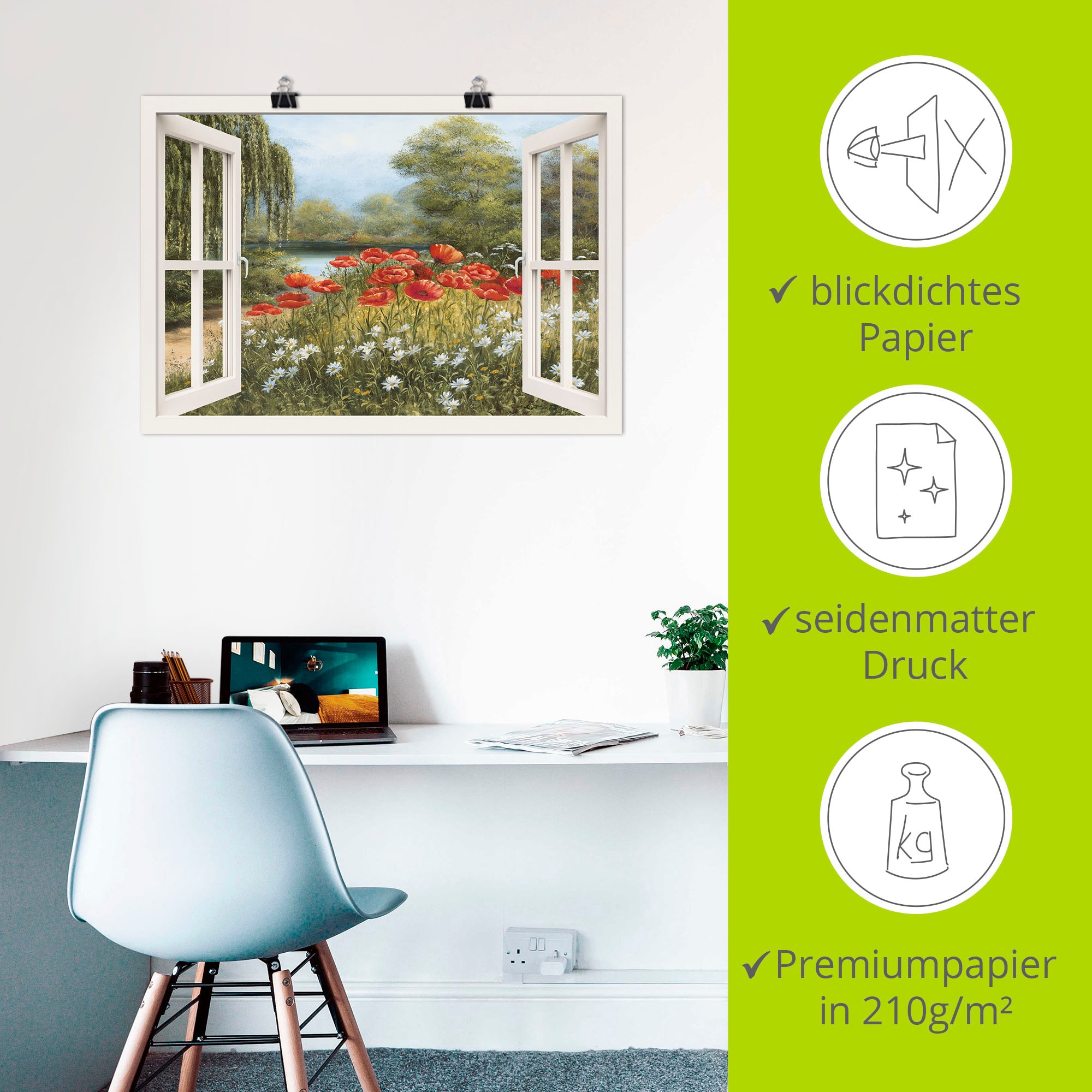 Artland Wandbild »Fensterblick Mohnwiese«, Fensterblick, (1 St.), als Leinwandbild, Poster in verschied. Grössen