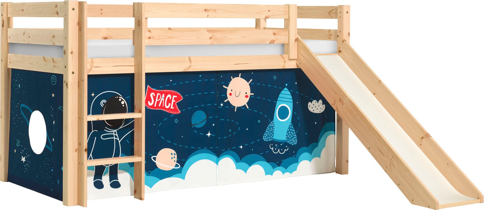 Vipack Lit de jeu »Pino, Kiefer massiv, mit Rolllattenrost u. Textil-Set, Made in Europe« L/H/P env. 210x114x218 cm, avec protection anti-chute, échelle et toboggan,  différents designs textiles et couleurs de bois au choix