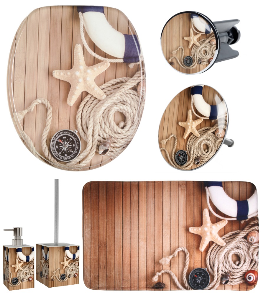 Image of Sanilo Badaccessoire-Set "Maritime" bestehend aus WC-Sitz, Badteppich, Stöpsel, Seifenspender, WC-Bürste