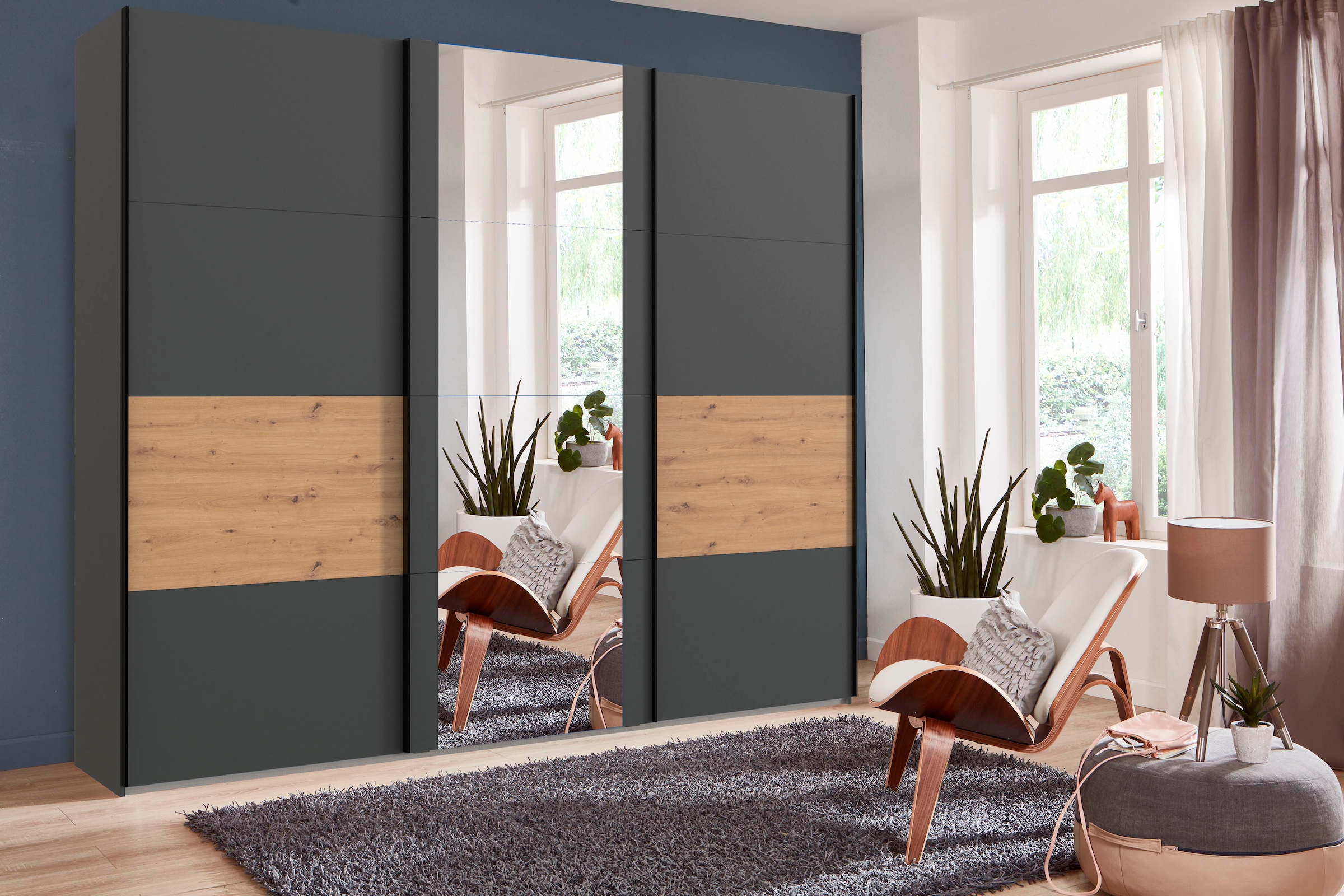 Wimex Schwebetürenschrank »Barmbek Schlafzimmerschrank BESTSELLER Garderobenschrank«, Kleiderschrank mit 2 Stoffboxen und 2 zusätzlichen Böden, Spiegeltür