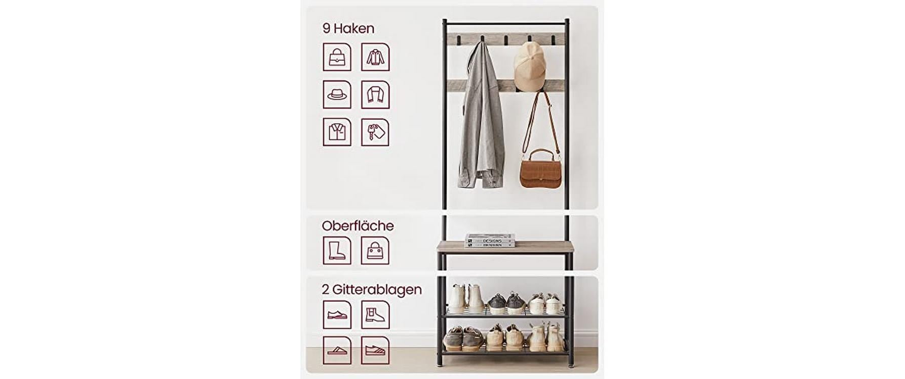 VASAGLE Garderobenständer »70 x 175 x 32 cm, Braun/Schwarz«