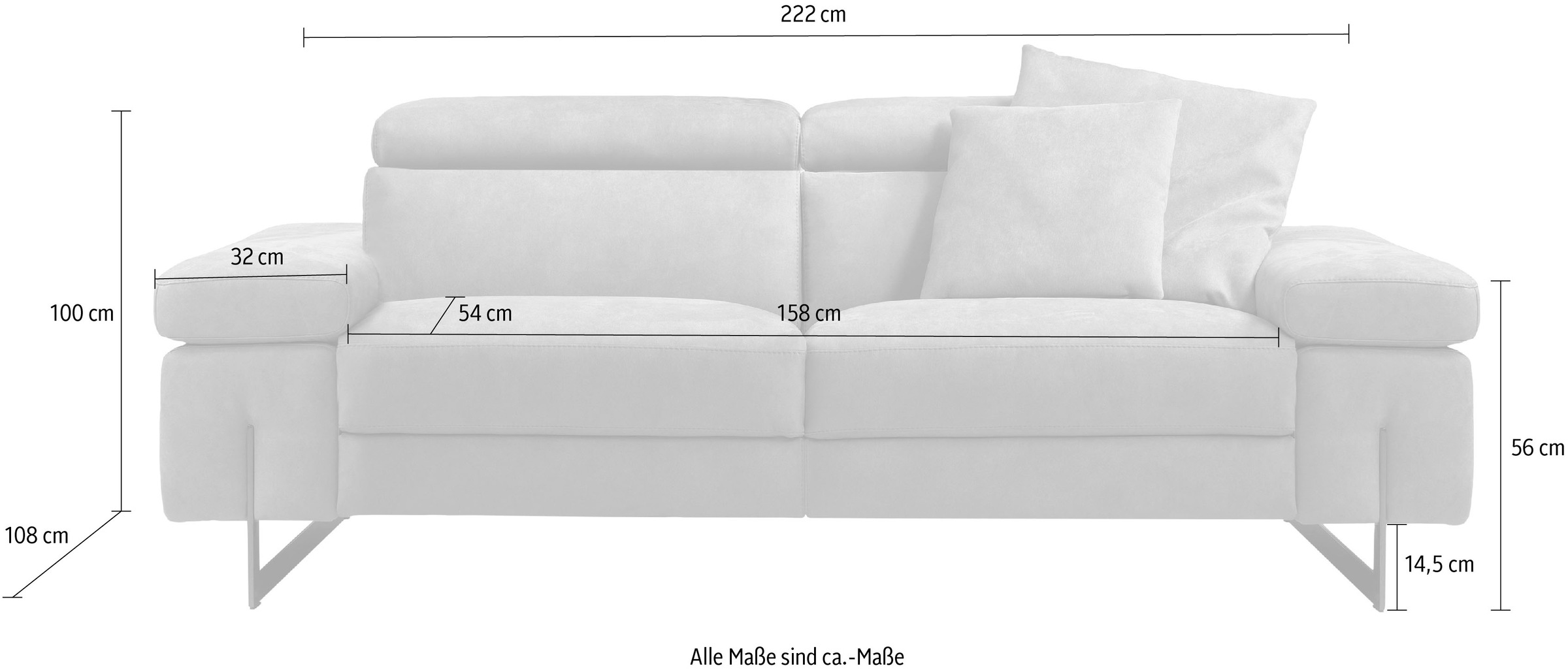 Egoitaliano 2,5-Sitzer »Candice, elegant und edel, hochwertiges Designsofa, bequem«, Kopfteile manuell verstellbar, titanumfarbene Kufenfüsse