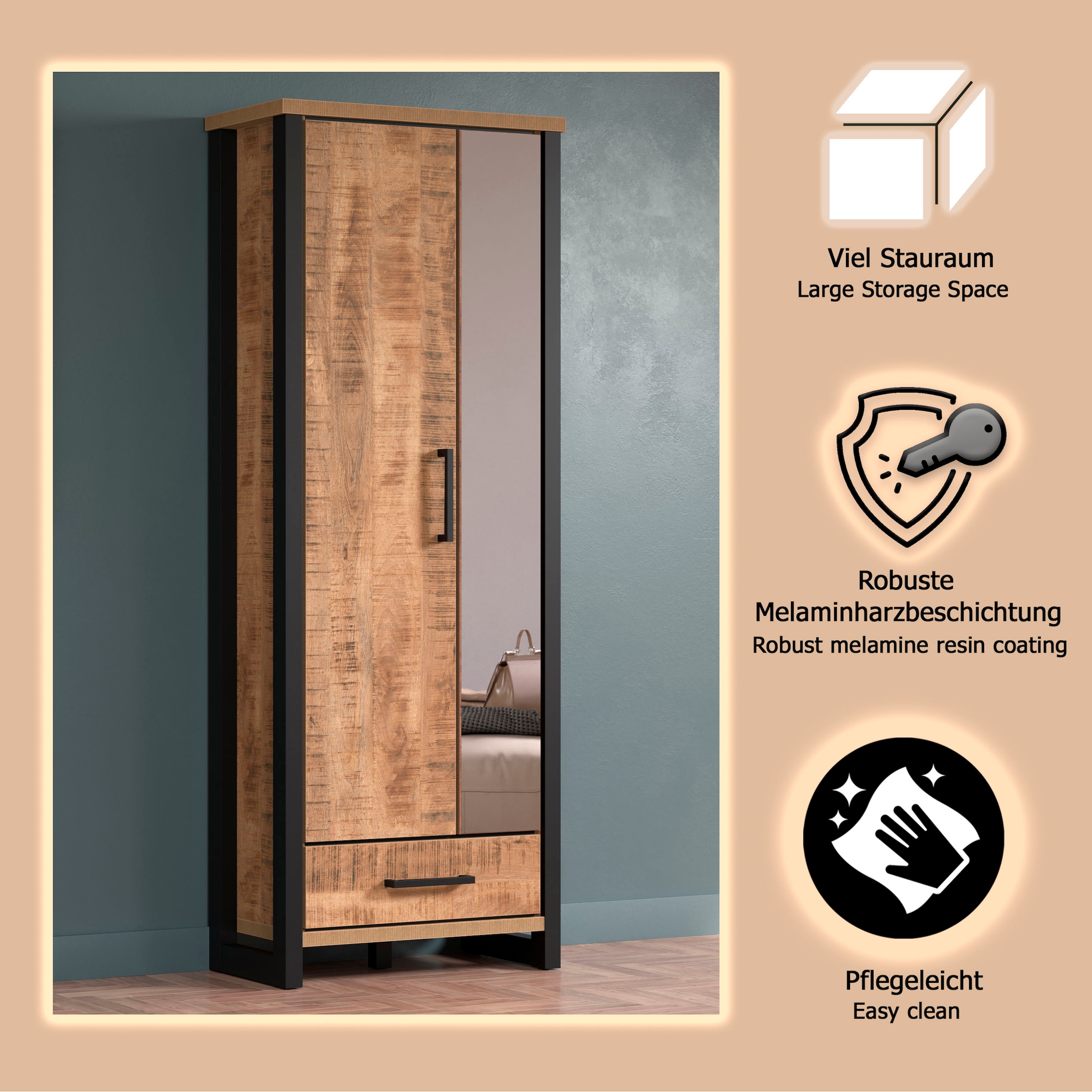 Home affaire Armoire vestiaire »Elda« 1 cuis tlg. Schrank mit ausziehbarer Kleiderstange, 2 Türen – (B/T/H) 73/39/195 cm