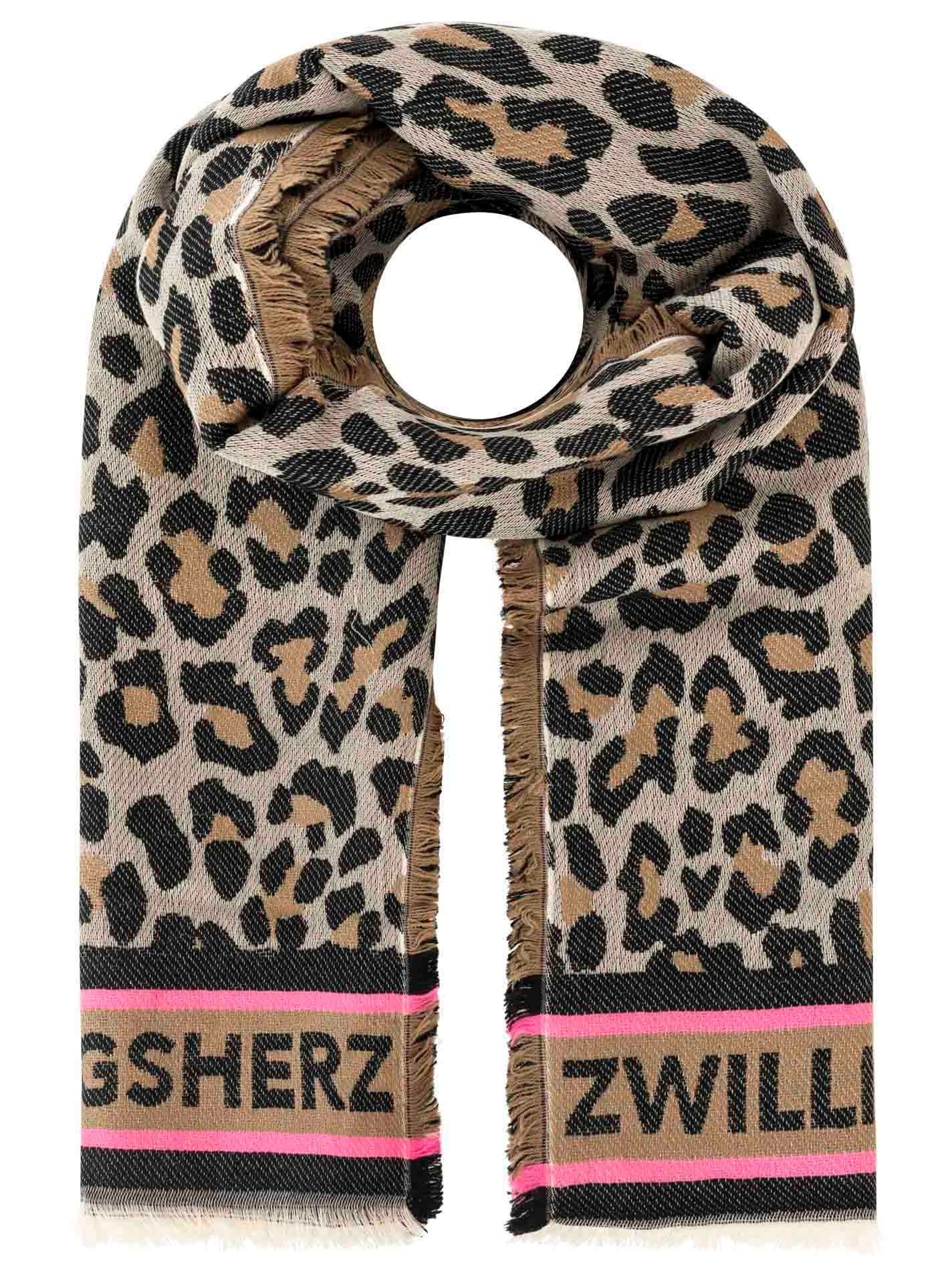Zwillingsherz Schal ""Leo Allover"" Leo Muster, Zwillingsherz Schriftzug, Fransenabschluss, Wollanteil