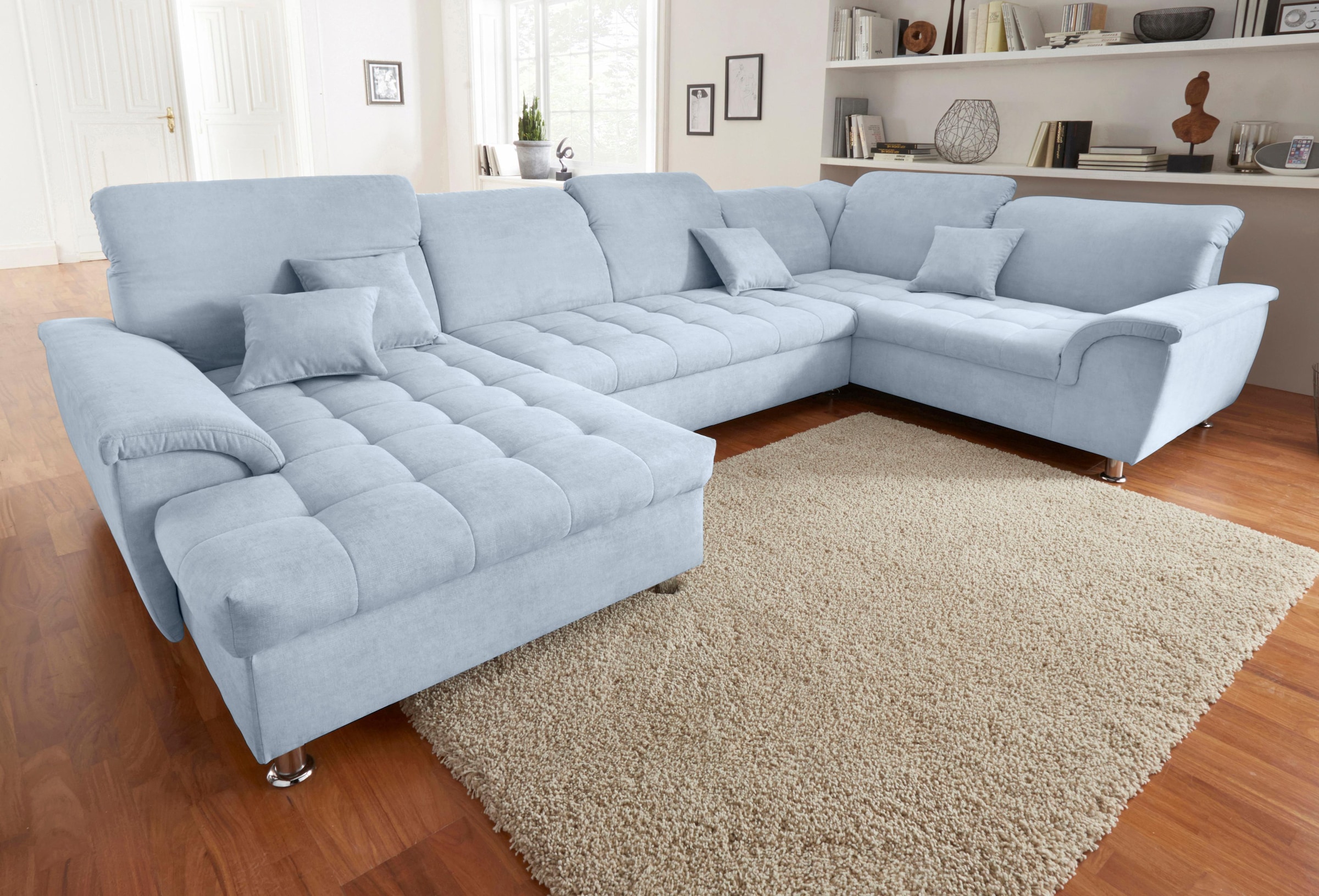 Image of DOMO collection Wohnlandschaft "FRANZI 344x206x81 cm, elegant, komfortabel" U-Form, Recamiere links, pastelblau, B/T: 344/206 cm