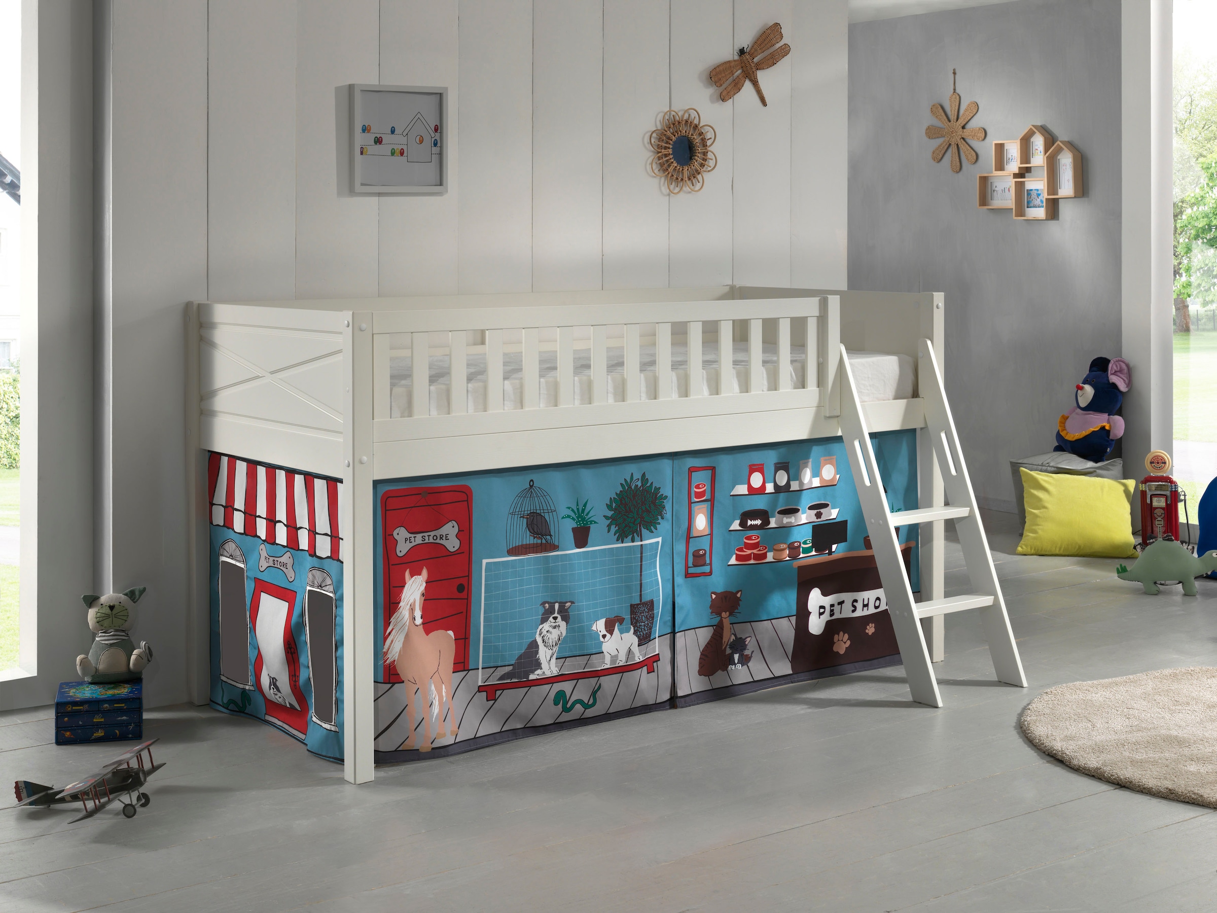 Vipack Lit superposé »Scott« Fabriqué en Europe,  avec échelle inclinée, LF 90x200 cm, rideau, tunnel, 7 designs