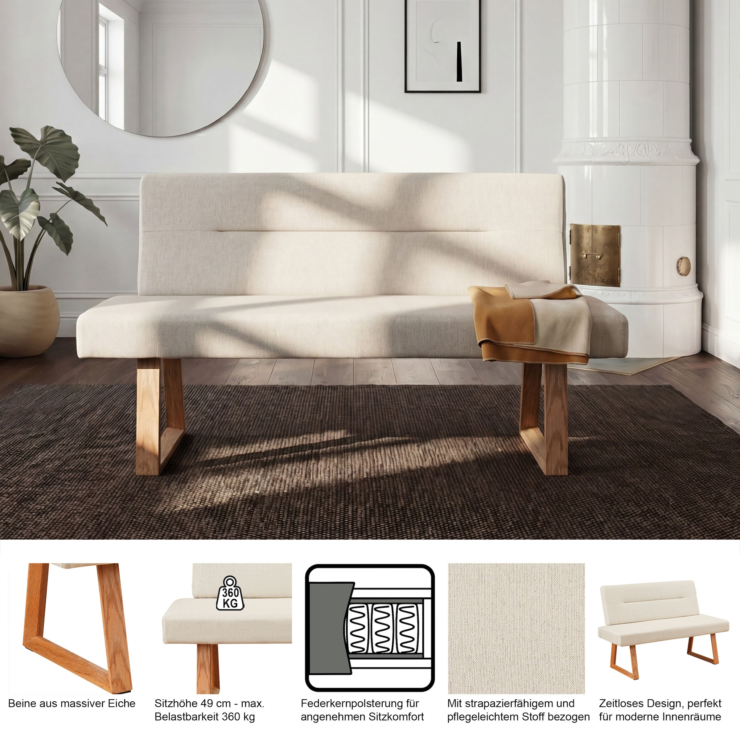 GOODproduct Essbank »Mellio« Beine aus massiver Eiche, pflegeleichtem Webstoff Bezug, Breite 140 cm