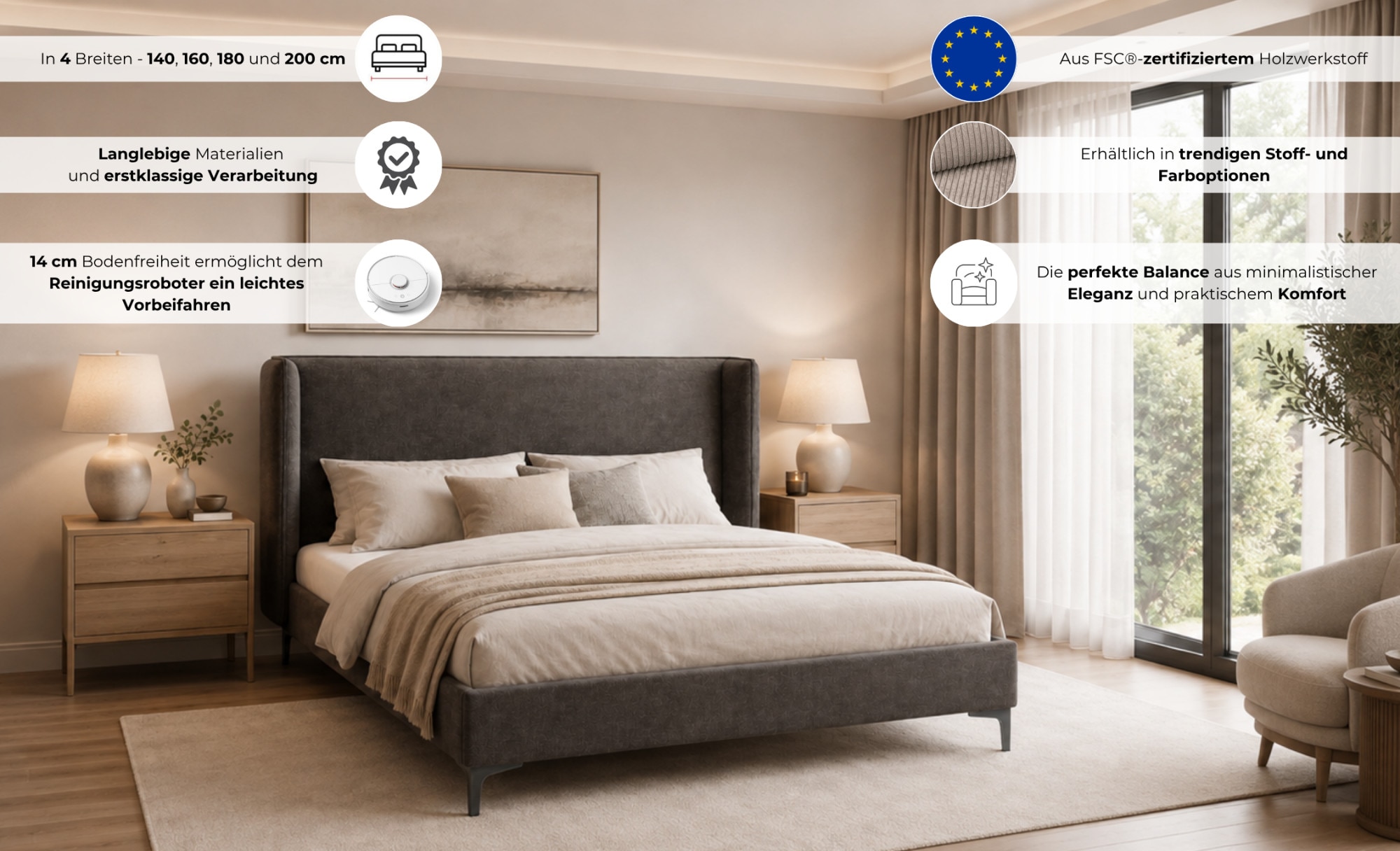 Home affaire Polsterbett »LYSEKIL Bettgestell mit Lattenrost, Breite 140/160/180/200cm, Chenille« Rahmenbett mit Kopfteil, ohne Matratze und Topper