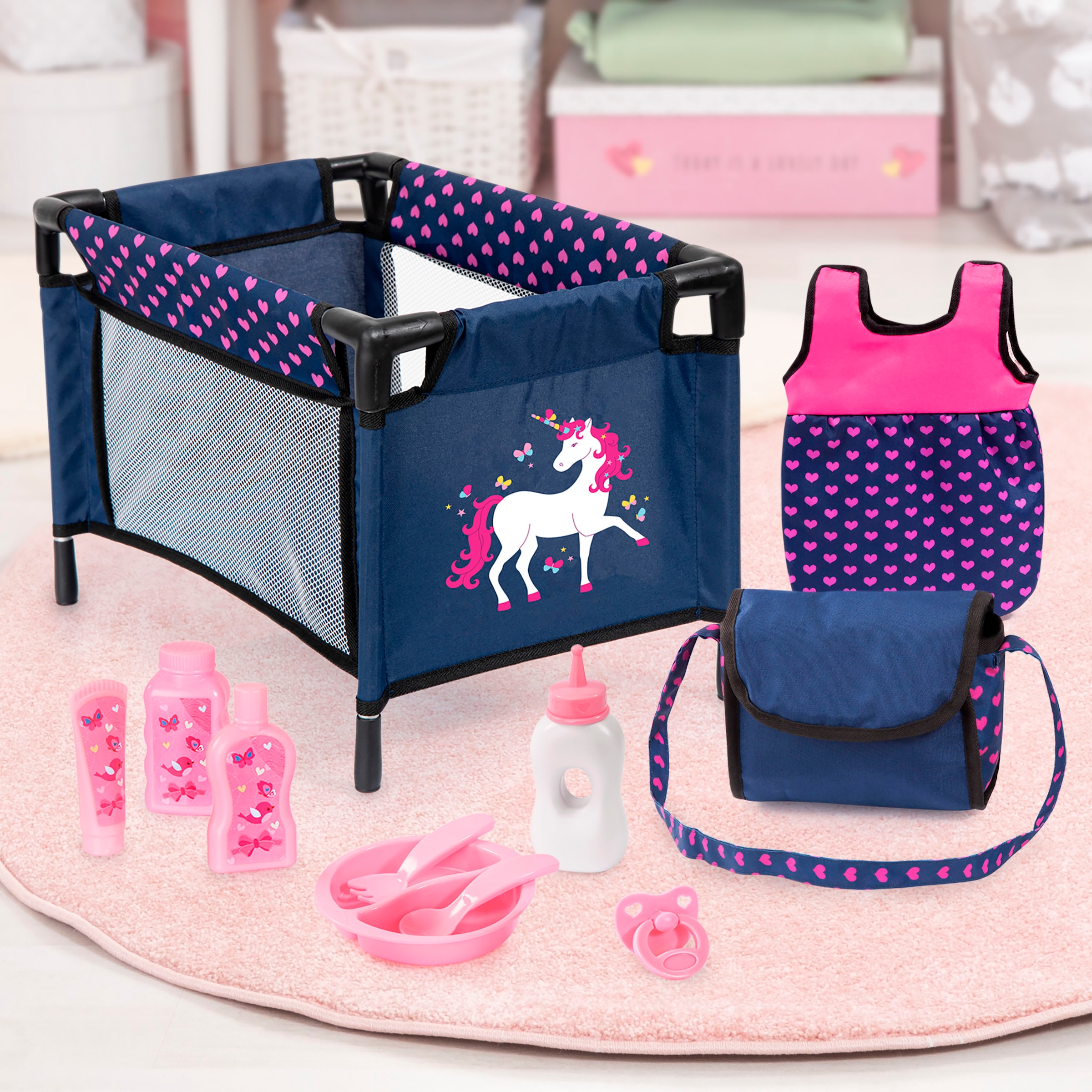 Bayer Meubles de poupées »Puppen-Reisebett und Schlafsack blau/pink« mit Schlafsack, Wickeltasche und Zubehör für die Puppenpflege