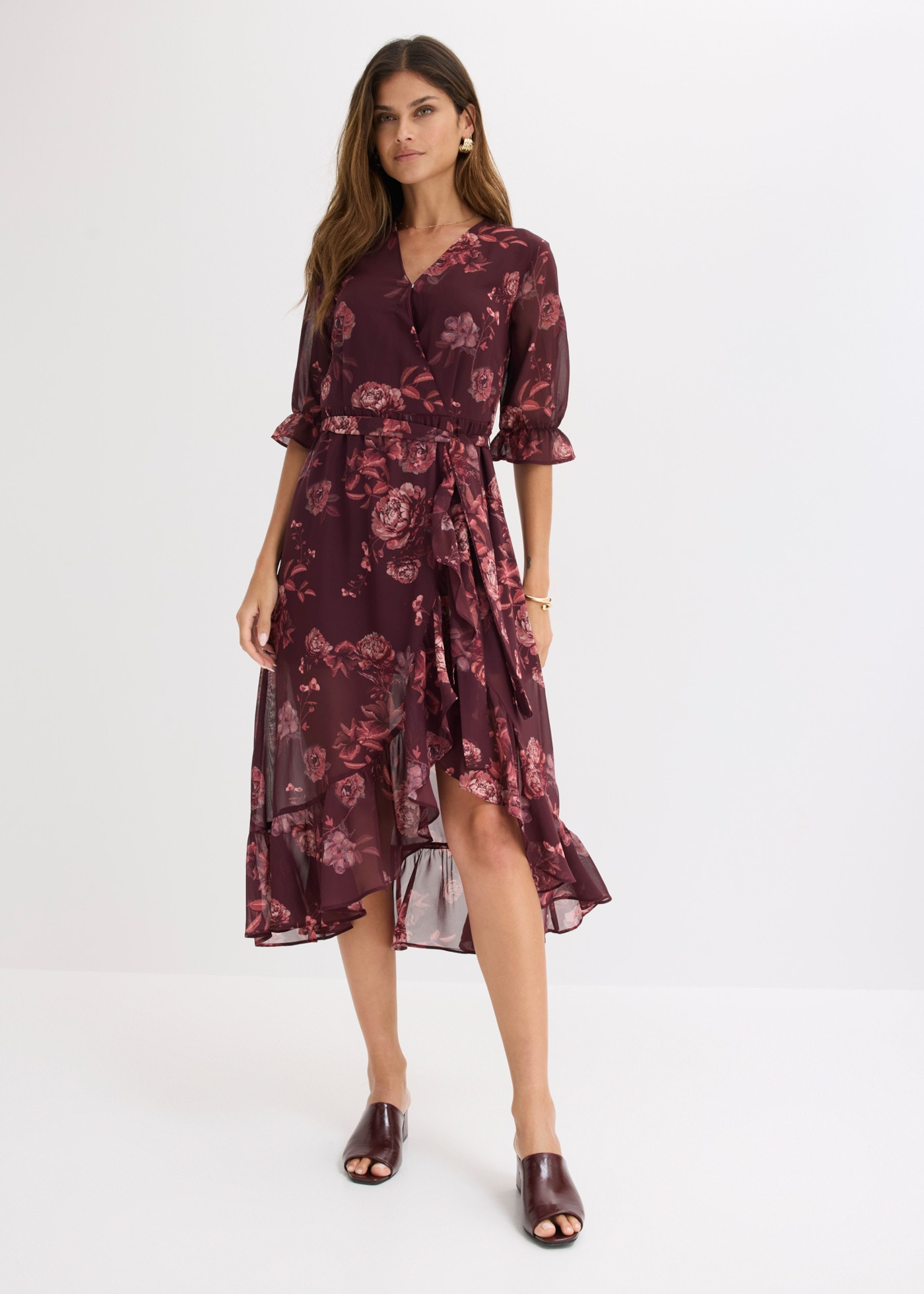 Image of bonprix Chiffonkleid mit Volant, ausgestellte Passform, Halbarm, ohne Kragen