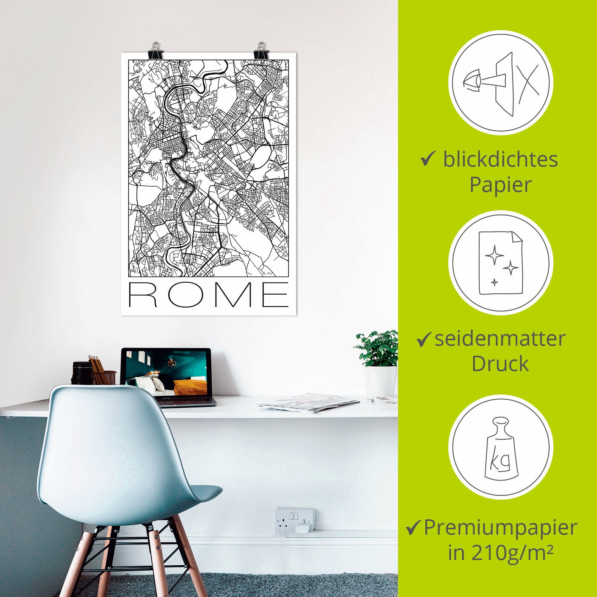 Artland Poster »Retro Karte Rom Italien Schwarz & Weiss«, Italien, (1 St.), als Alubild, Leinwandbild, Wandaufkleber oder Poster in versch. Grössen