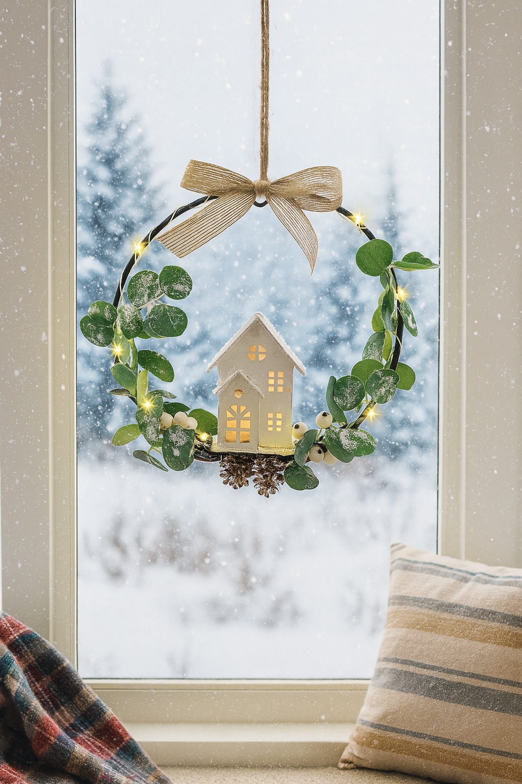 I.GE.A. Kunstkranz »LED-Kranz Eukalyptus aus Metall« Mit Lichterkette Eukalyptus Haus Schleife