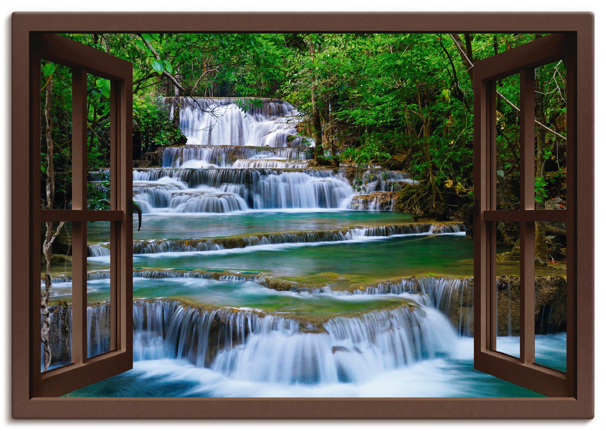 Image of Artland Leinwandbild "Fensterblick Wasserfall in Kanchanaburi" Fensterblick 1 Stk. tlg. auf Holzrahmen gespannt