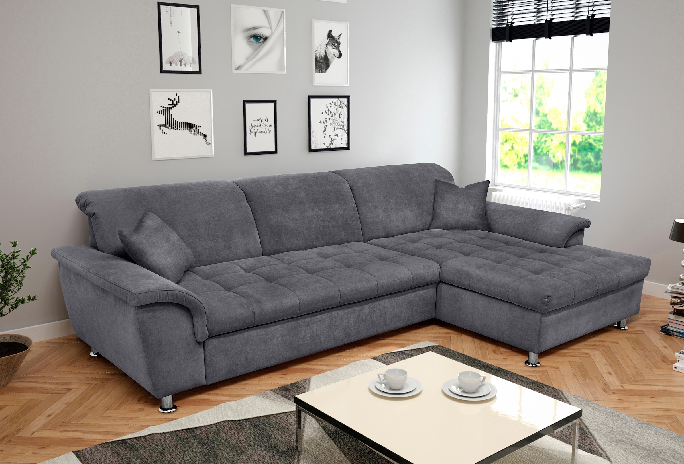 Image of DOMO collection Ecksofa "FRANZI 278x170x81 cm, Steppung im Sitzbereich, L-Form" ohne Funktion, Chenille, dunkelgrau