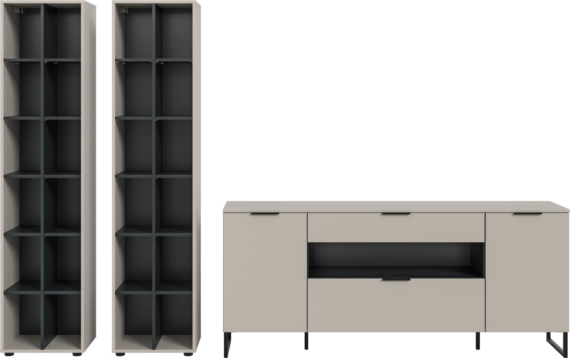 INOSIGN Wohnwand »ADIO, Breite 305 cm, 3-teiliges Set, mit Metall-Kufenfüsse« Set, bestehend aus: 2x Standregal und Sideboard, 3 Stk. tlg.
