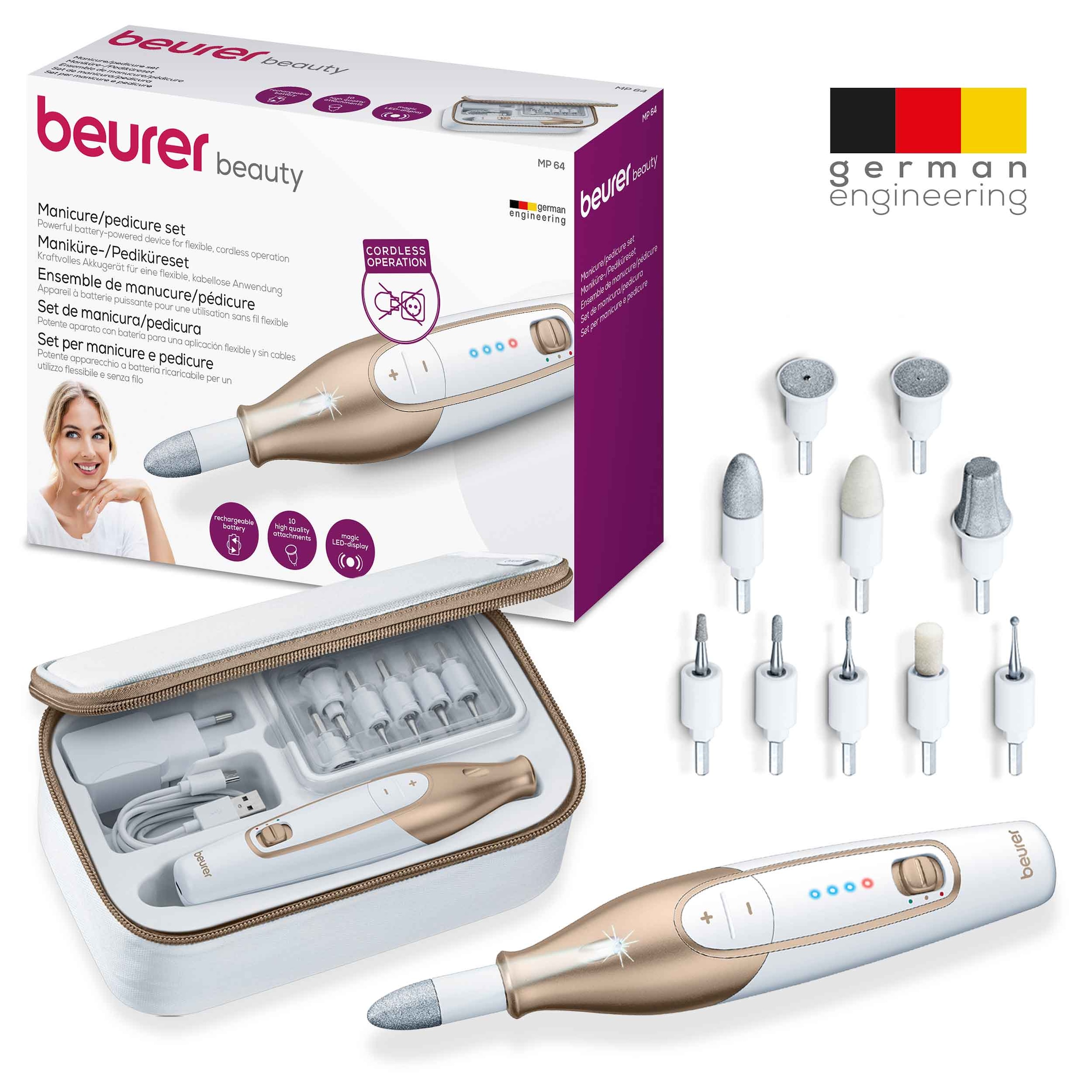 BEURER Kit manucure-pédicure »MP 64 elektrische Nagelfeile mit Akku für kabellose  Maniküre« Mit 10 Aufsätzen für professionelle Maniküre und Pediküre zuhause