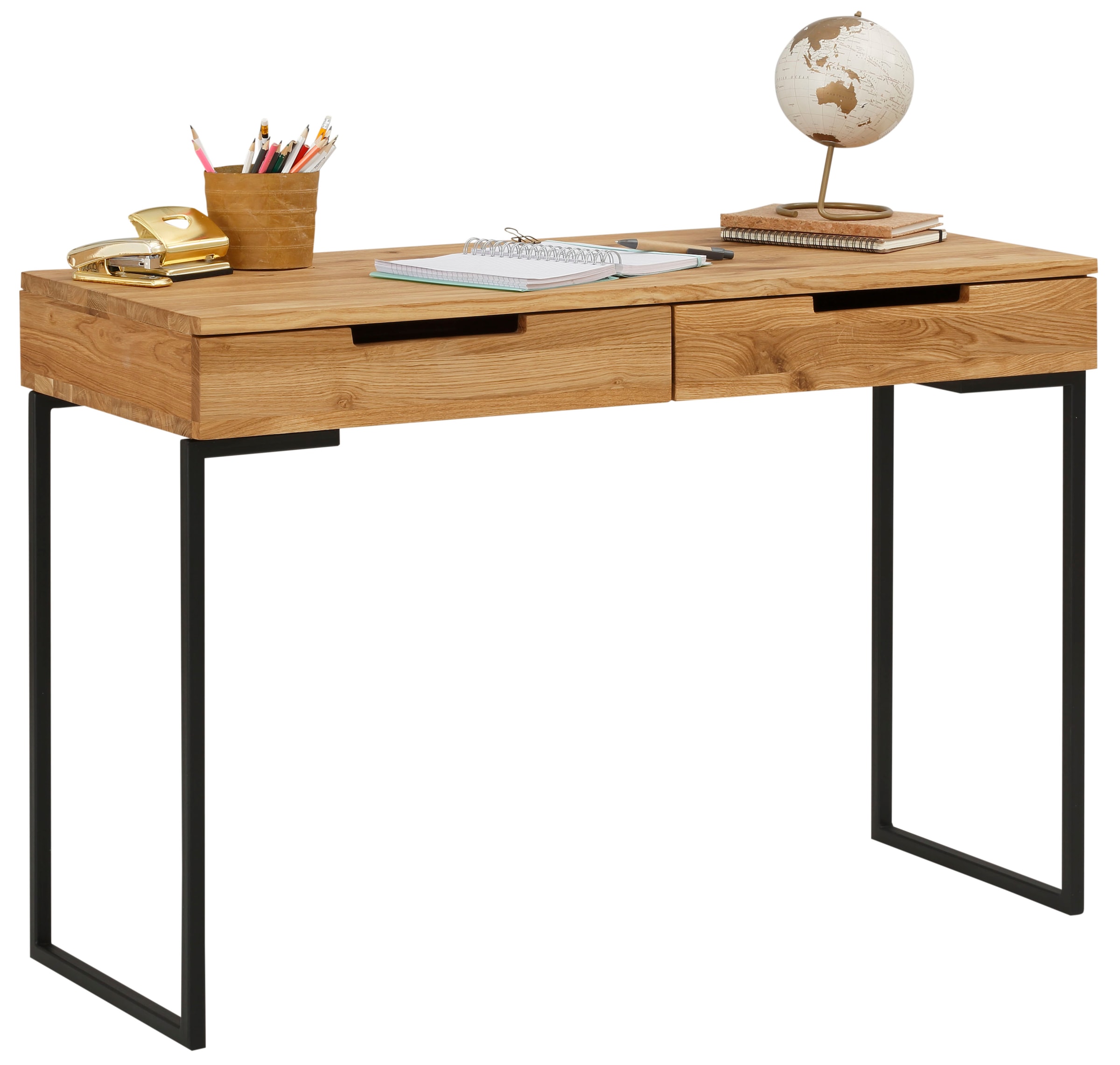 Image of Home affaire Schreibtisch Masse (B/T/H): 110/45/76 cm, Laptoptisch, Eichenholz, mit 2 Schubladen, filigranes Metallgestell