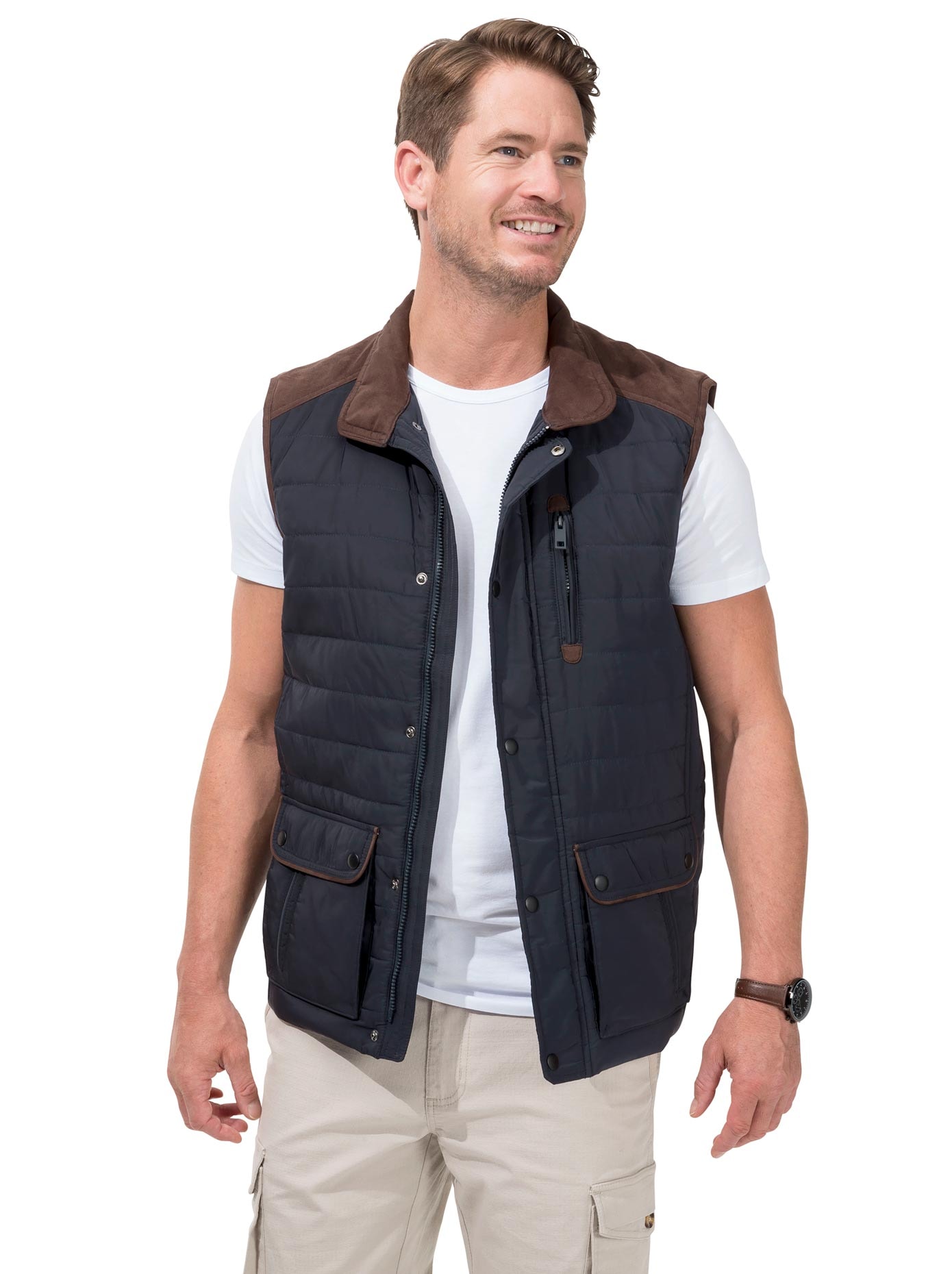 Weste mit samtweichem Veloursleder-Imitat am Kragen und Schulter