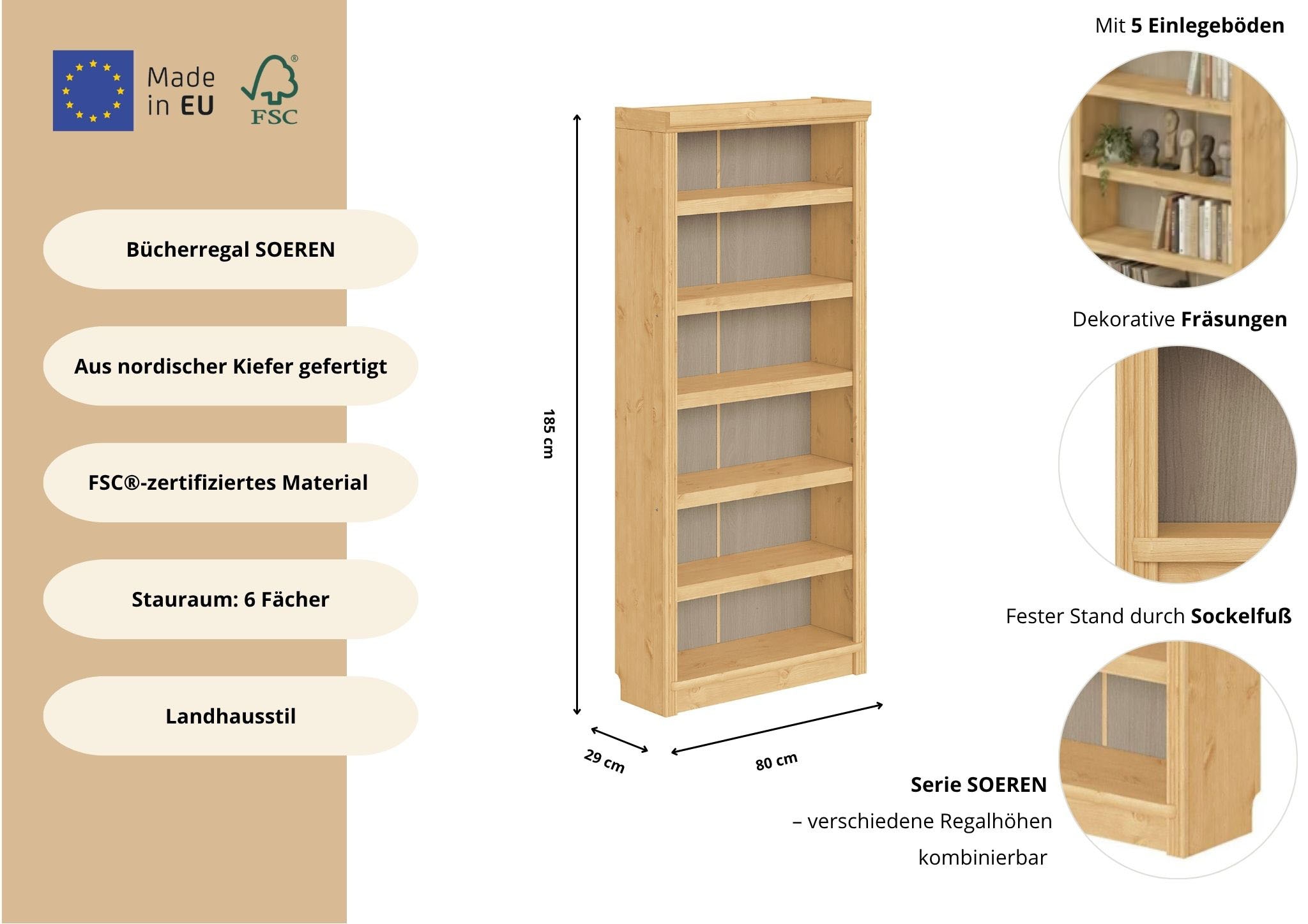 GOODproduct Étagère à livres »Soeren Regal B/T/H: 80/29/185 cm, 6 Fächer« aus massiver Kiefer, FSC®-zertifiziert