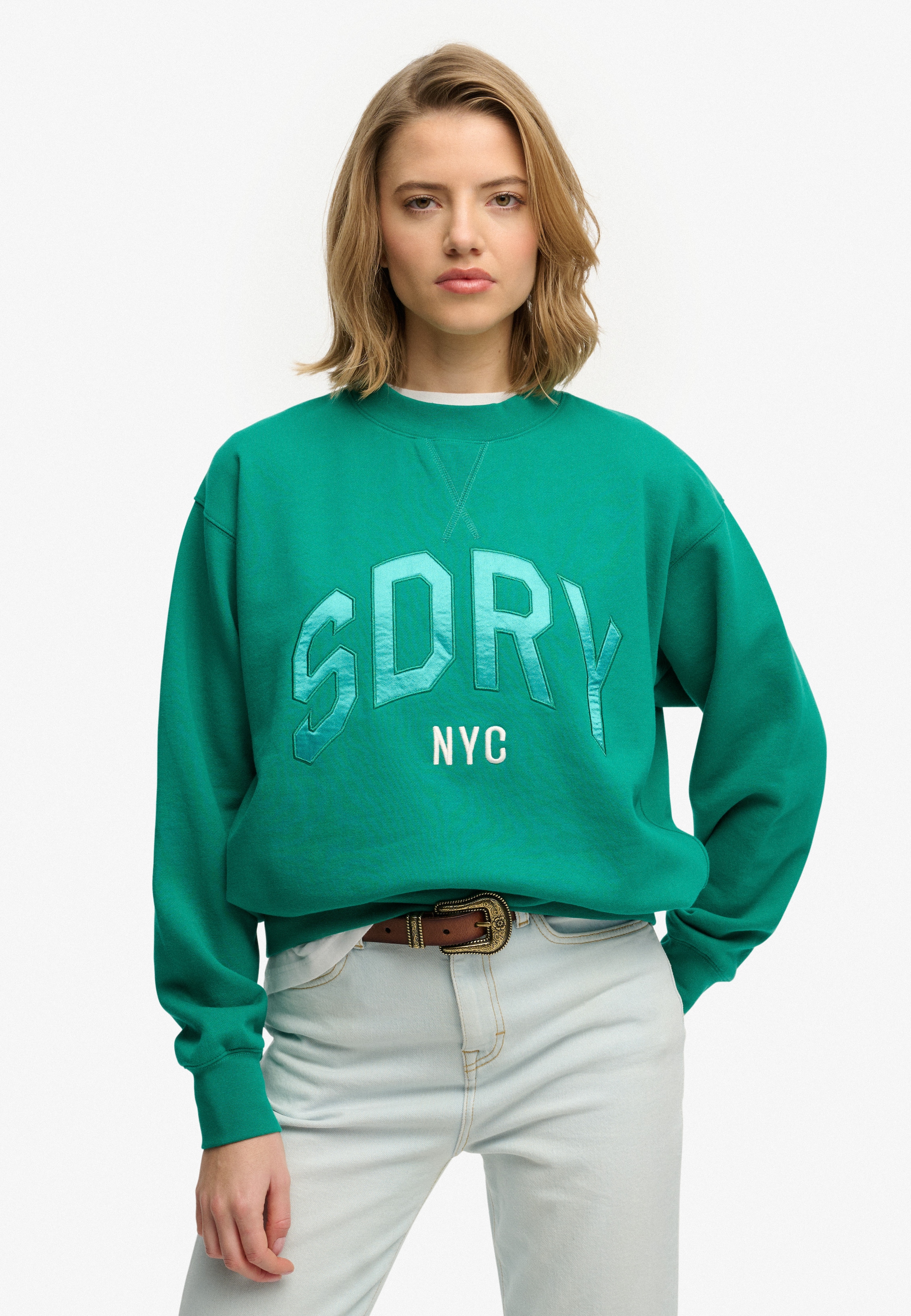 Image of Superdry Sweatshirt "VARSITY SATIN APPLIQUE CREW", aus Baumwollmischung, Relaxed Fit, mit Print