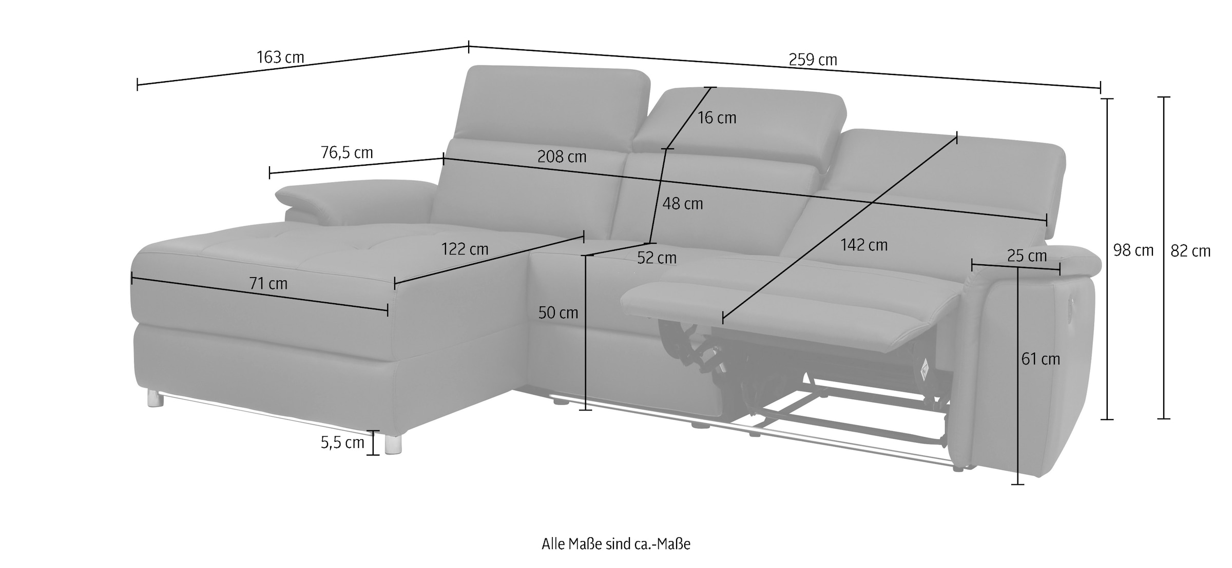 Home affaire Ecksofa »Pareli, L-Form, 259cm,m. Recamiere, Echtleder, Kunstleder, Webstoff« man. o. elektr. Relaxfunktion, USB/Kopfteilverstellg u. LED