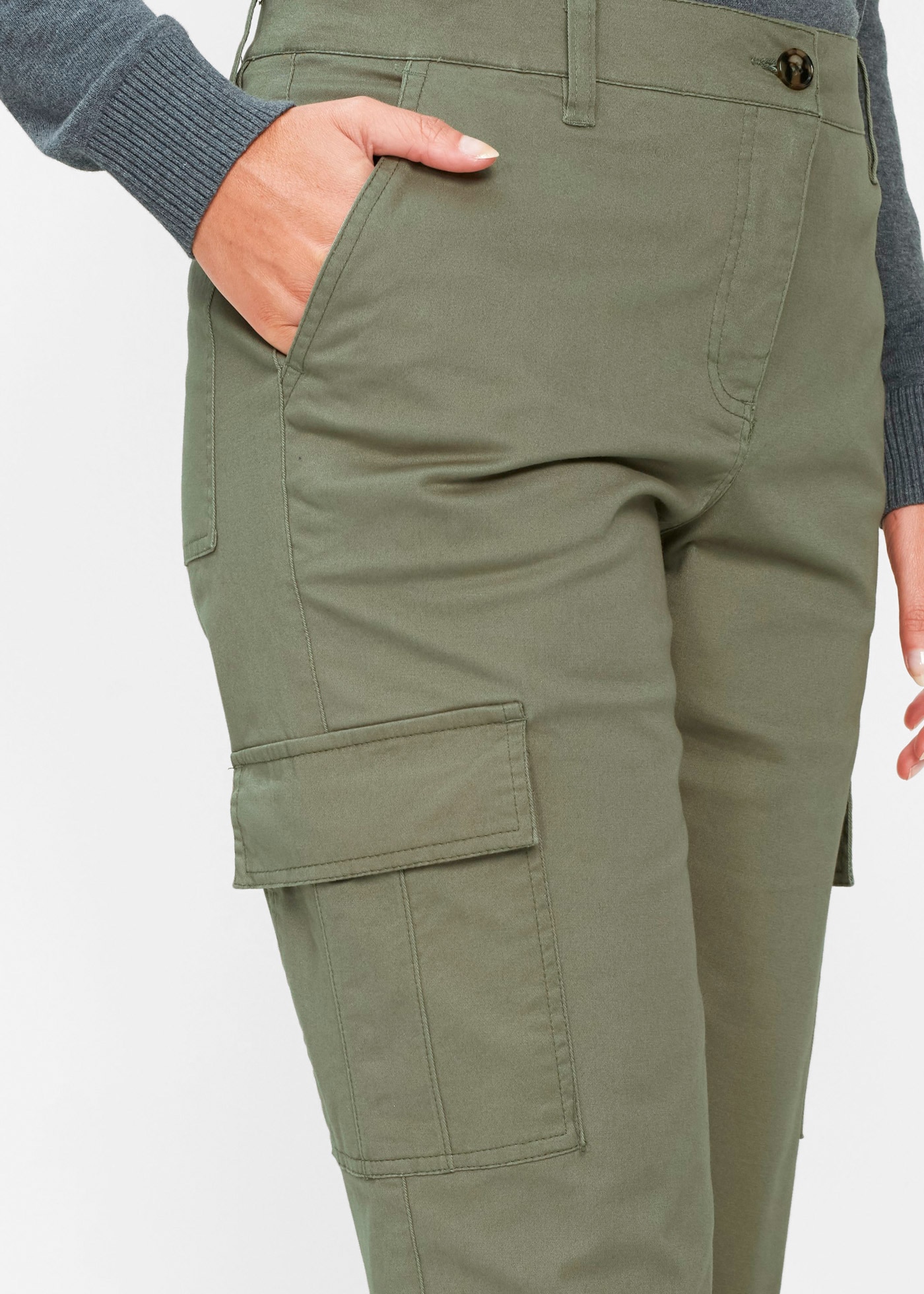 bonprix Pantalon cargo  aus Baumwolle mit Elasthan, lockere Passform, mit Bequembund