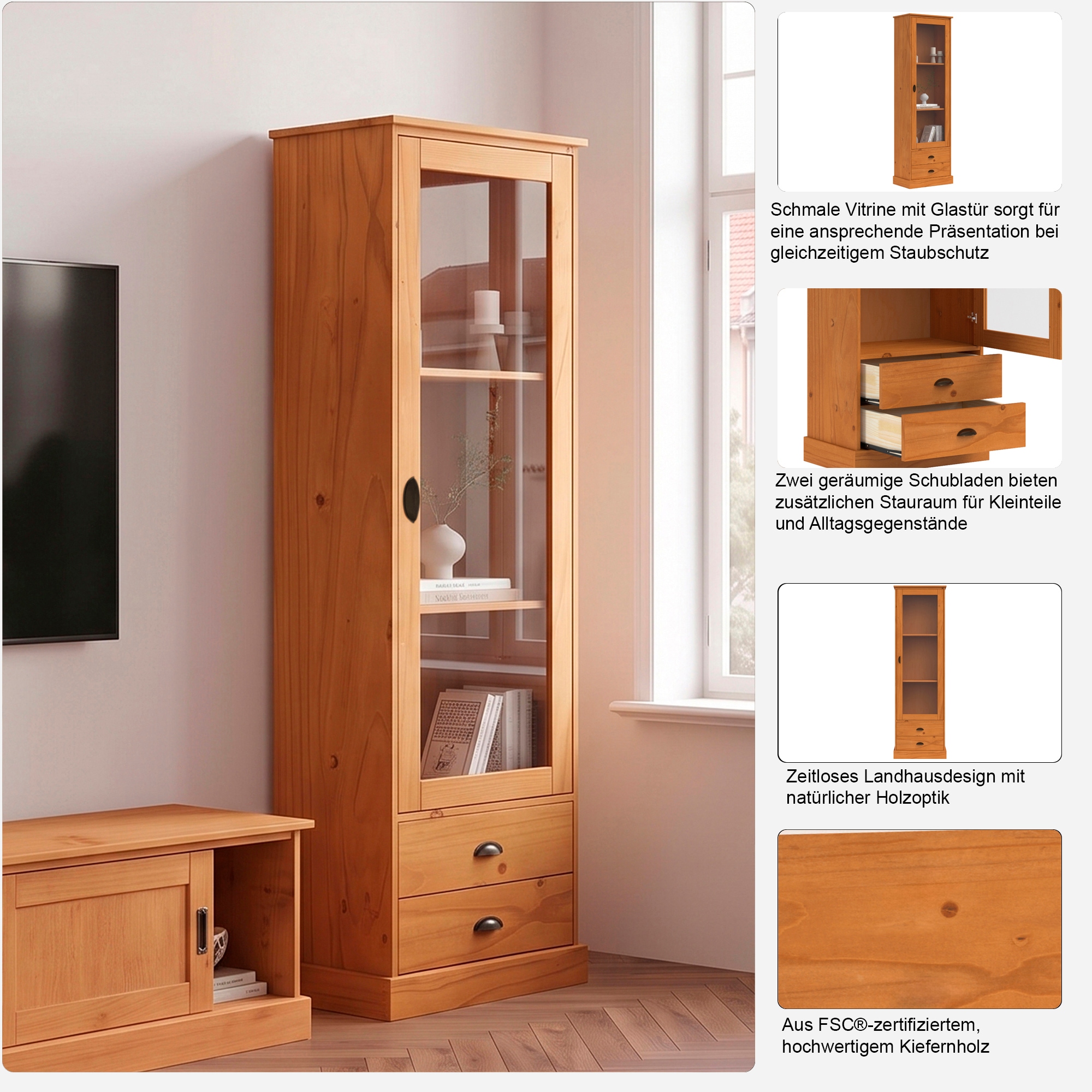 GOODproduct Vitrine »Schröder« mit 1 Schiebetür, 2 Schubkästen, aus massivem Kiefernholz, Breite 55cm