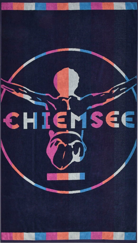 Chiemsee Strandtuch »Ibiza«, (1 St., Strandtuch 100 x 180 cm), saates Marineblau mit einem pastelfarbigen Logodruck