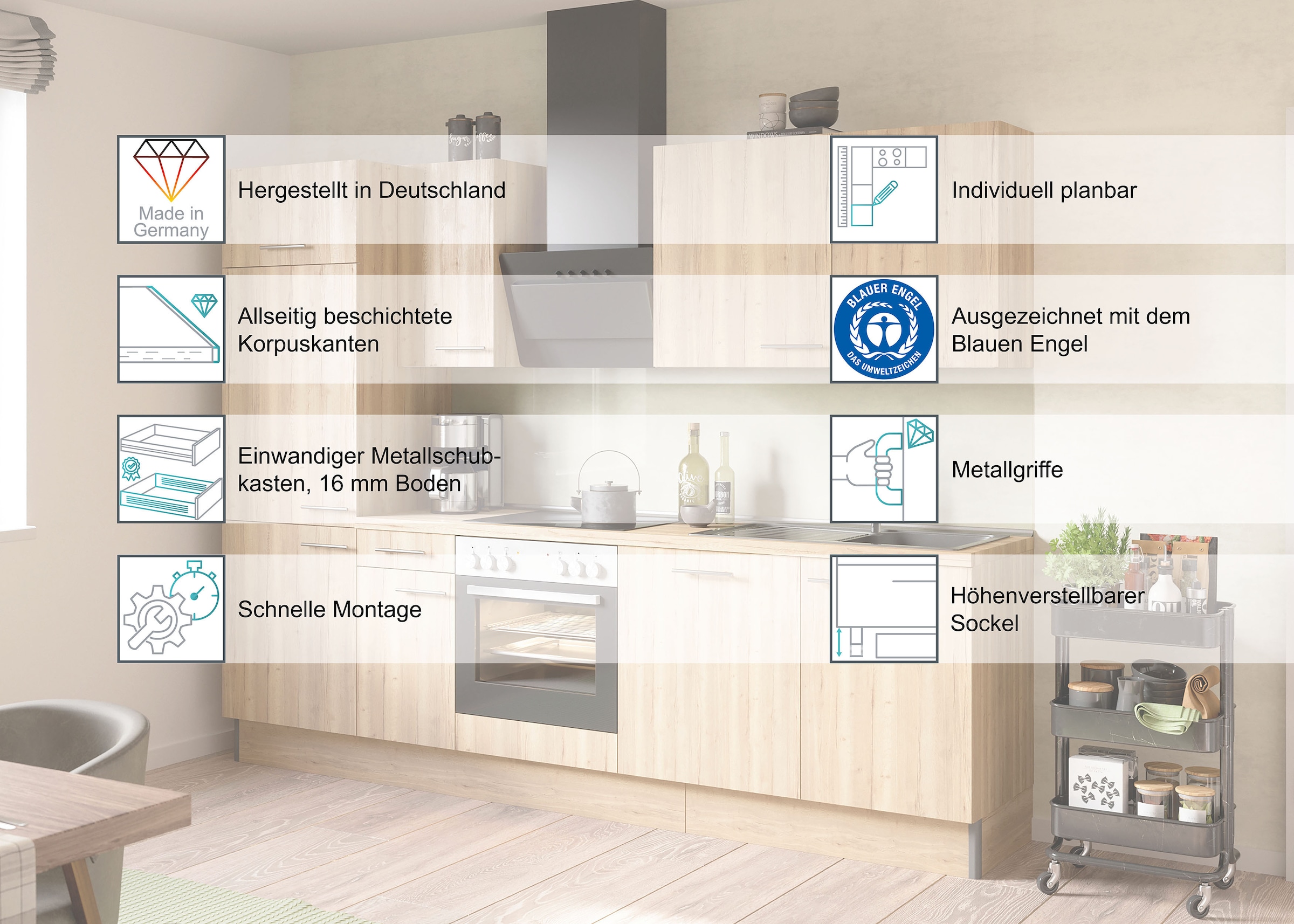 KOCHSTATION Kitchenette »KS-Sion« largeur 270 cm, montage rapide avec OPTIsnap, option appareils E