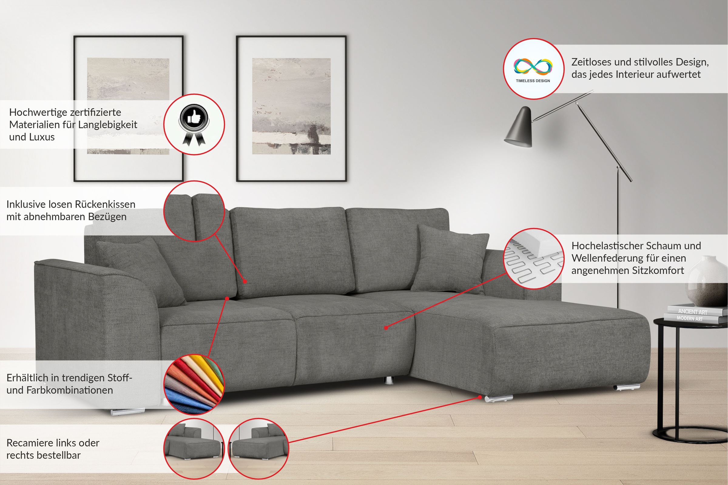 GOODproduct Canapé d'angle »BEATRICE optionale Schlafsofa mit Bettkasten, B/T/H: 265/170/86 cm« L-Form, wahlweise auch mit Bettfunktion und Bettkasten