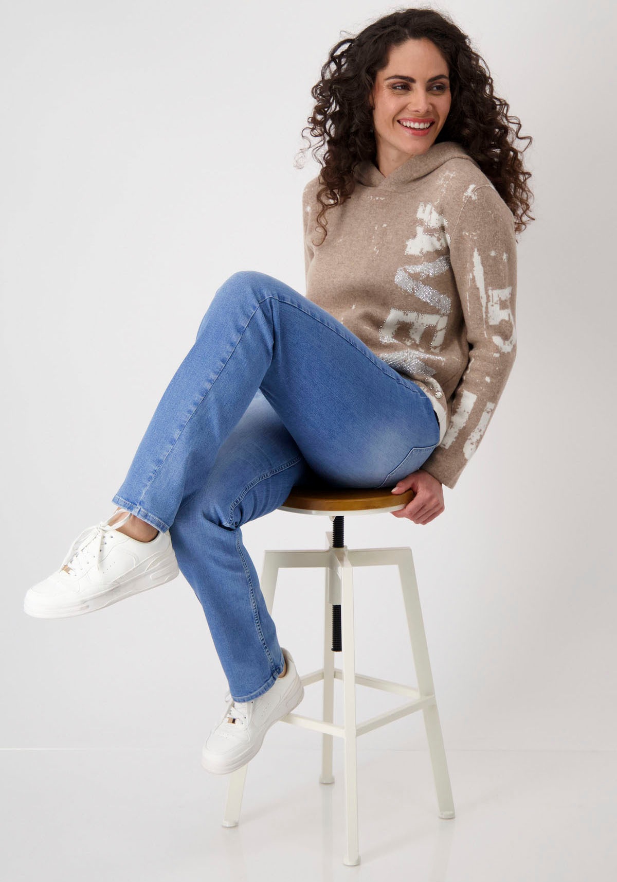 Monari Strickpullover »Pullover Jacquard Schrift«, mit Kapuze