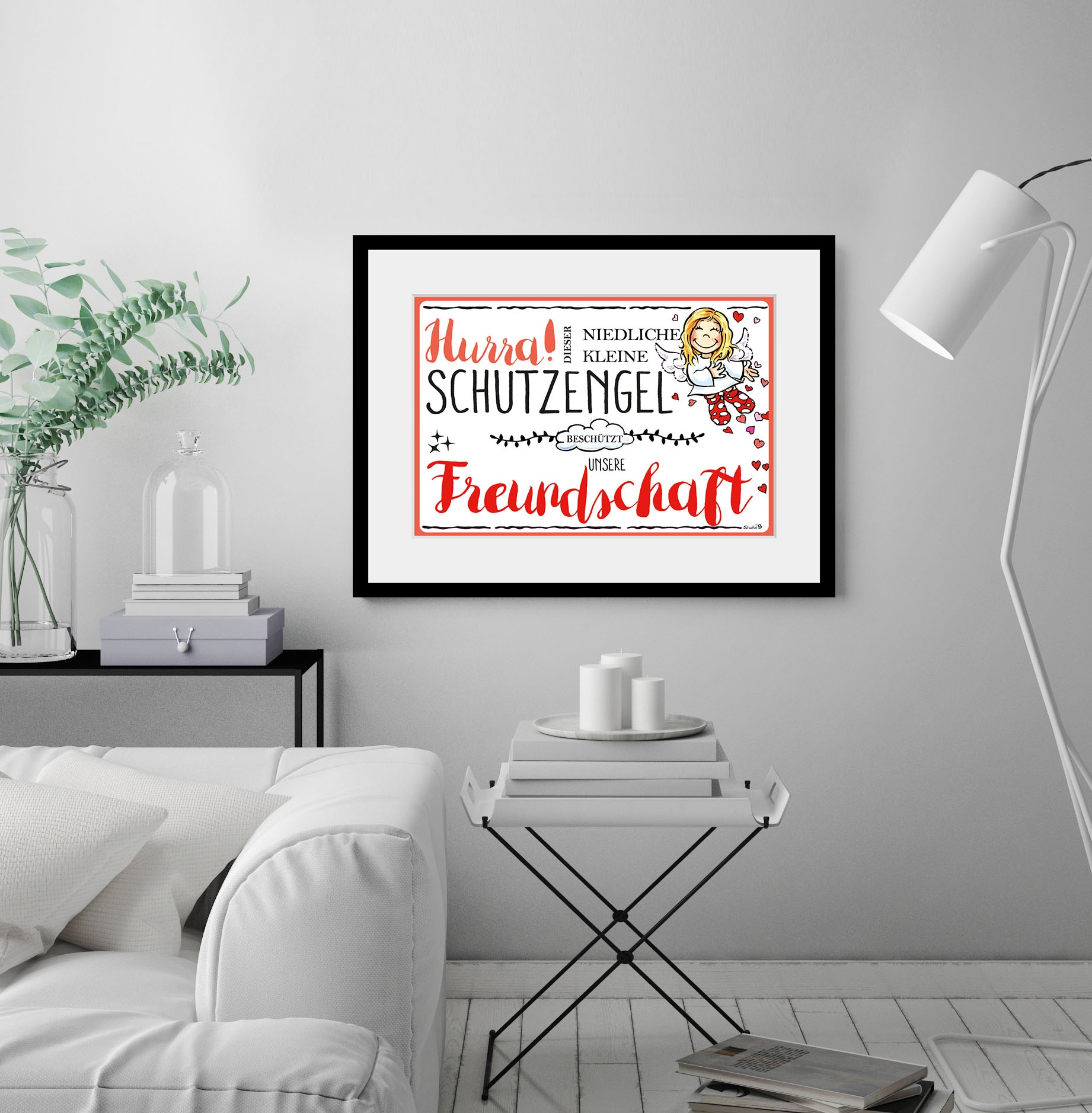 Image of queence Bild "Schutzengel Freundschaft" Blumen Engel Himmel Liebessprüche Schriftzug Sprüche & Texte Stern Sterne 1 Stk. tlg. HD Premium Poster-Druck inkl. Holzrahmen